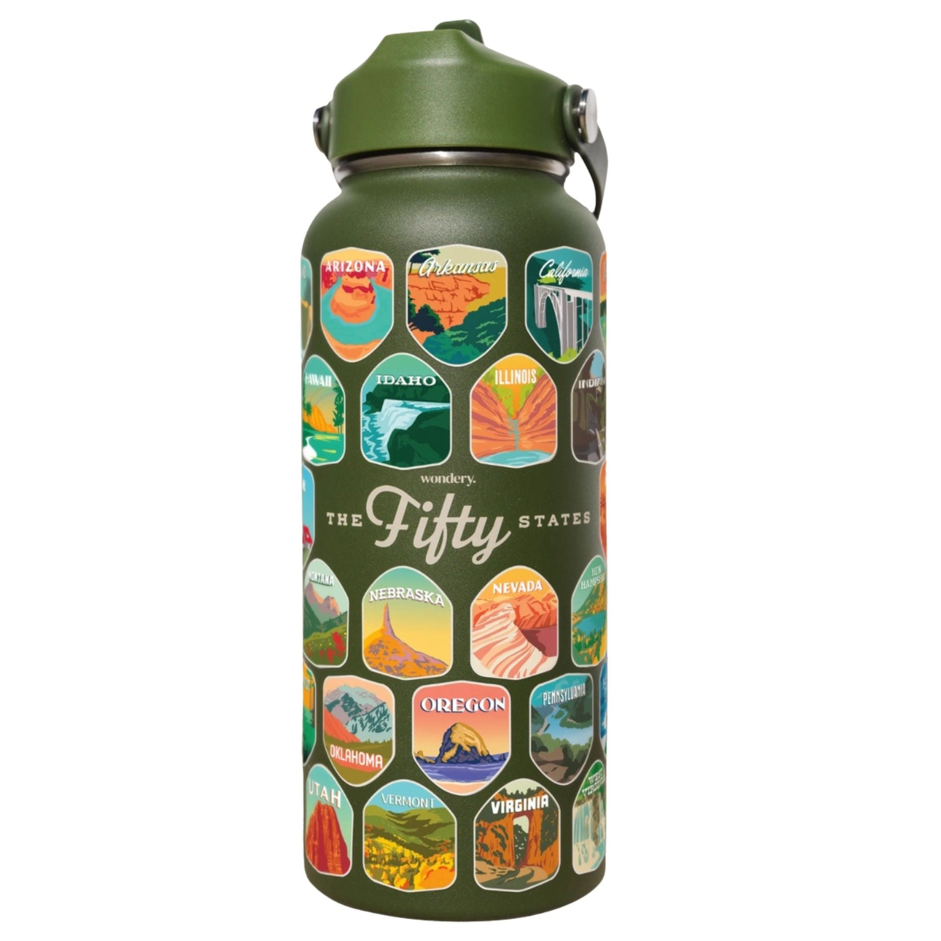 Green water bottle with state icons and 'The Fifty' branding on a white background