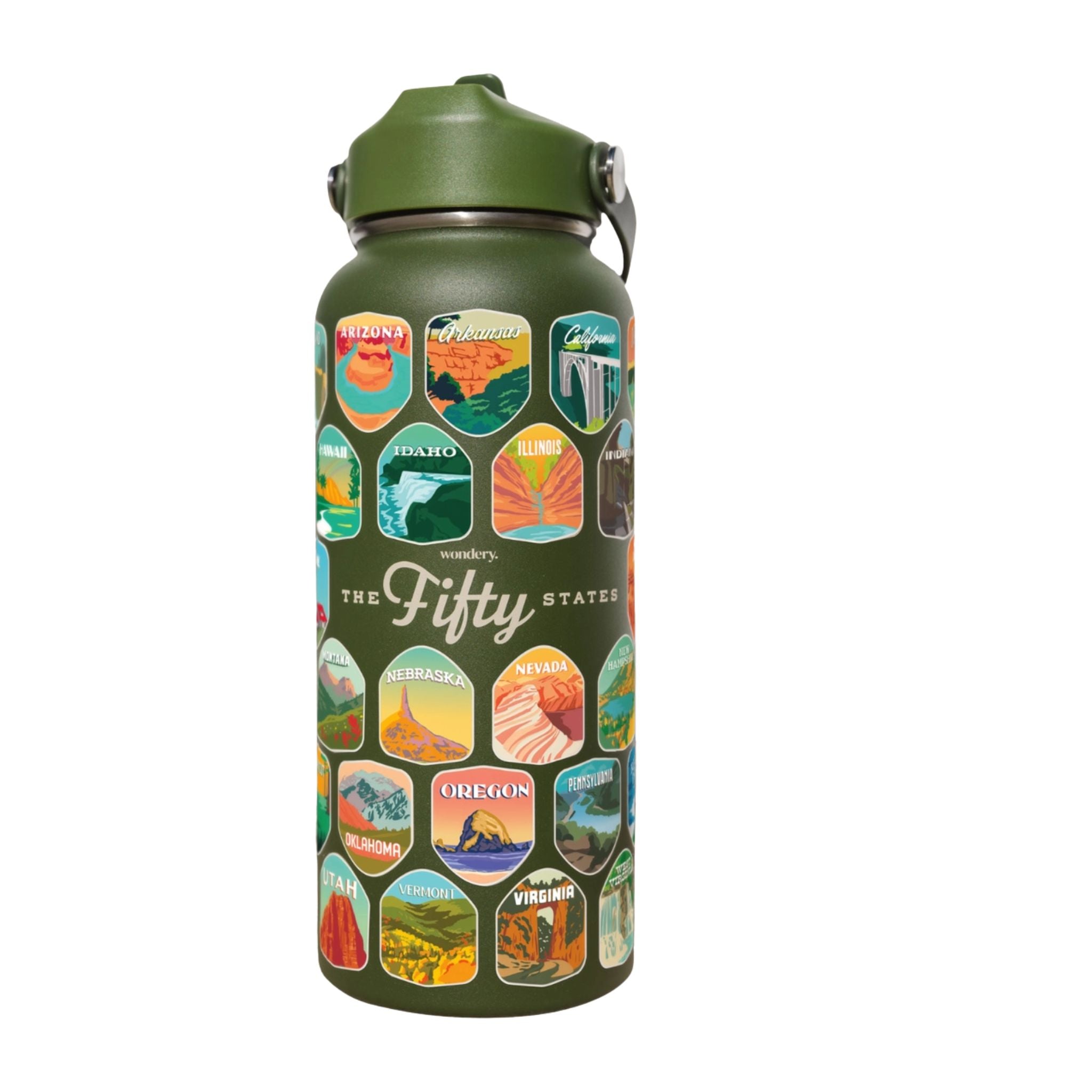 Green water bottle with state icons and 'The Fifty' branding on a white background