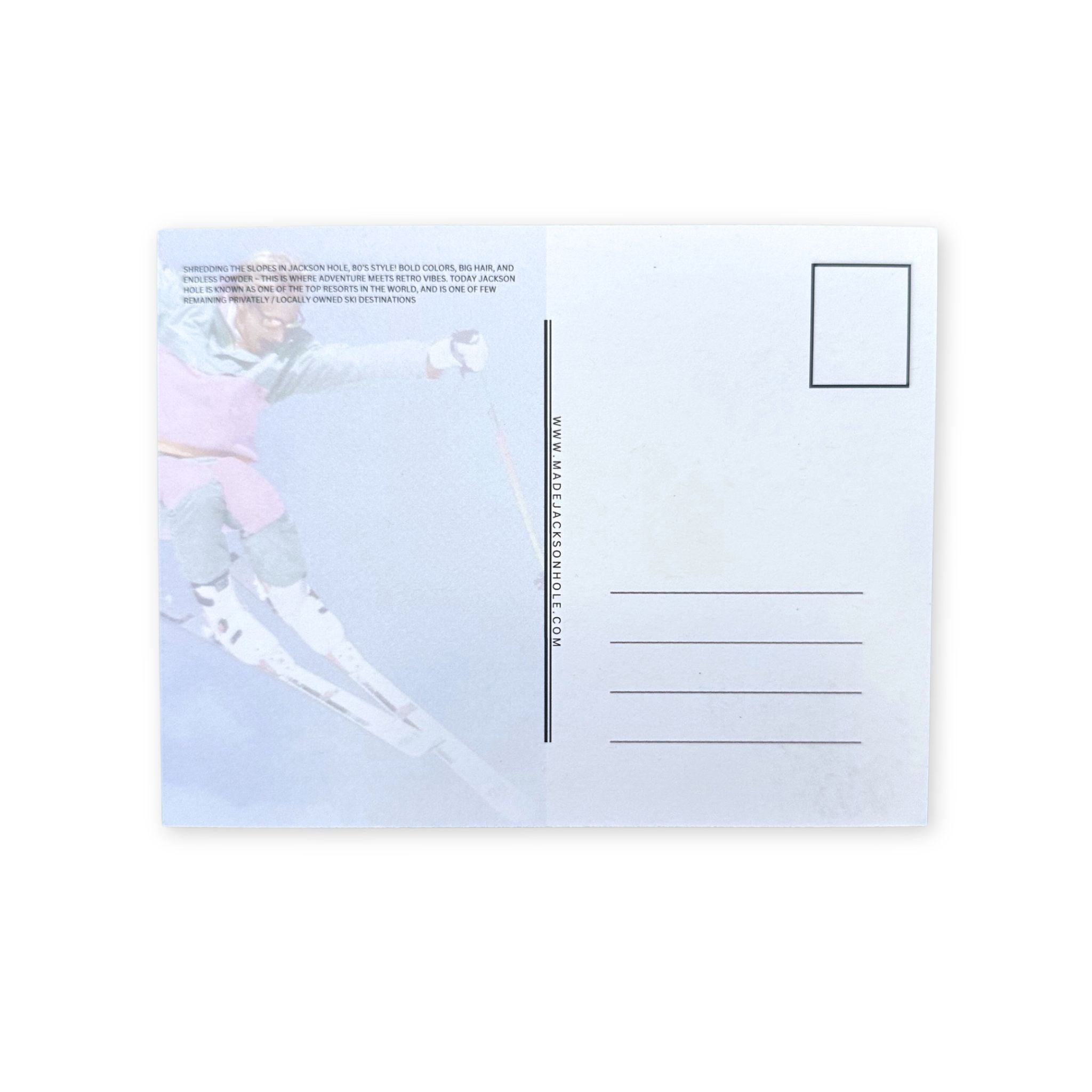 Back of a postcard with a retro 80s skiier mid air, with a bright snowsuit on. 
