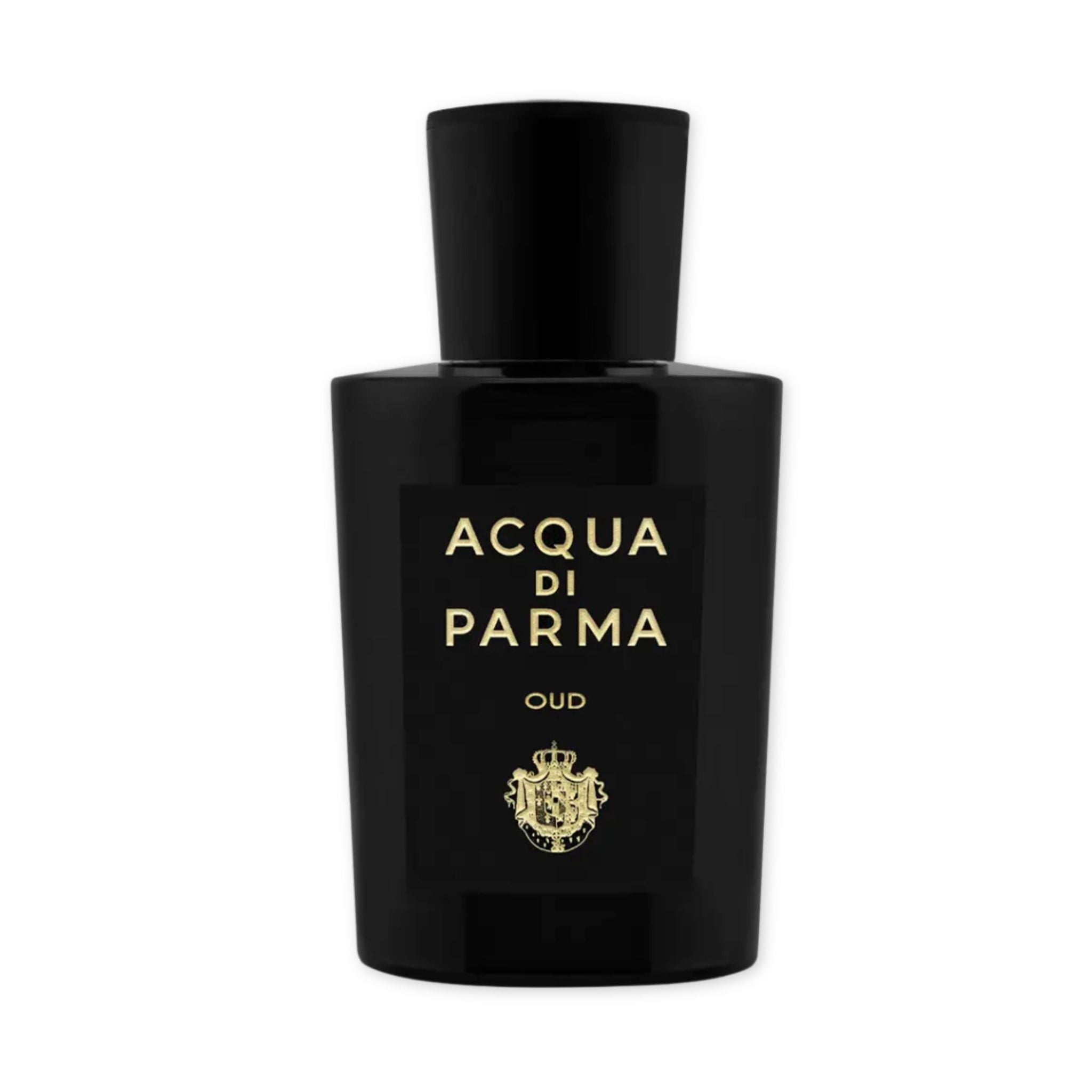 Black Acqua di Parma perfume bottle on a white background