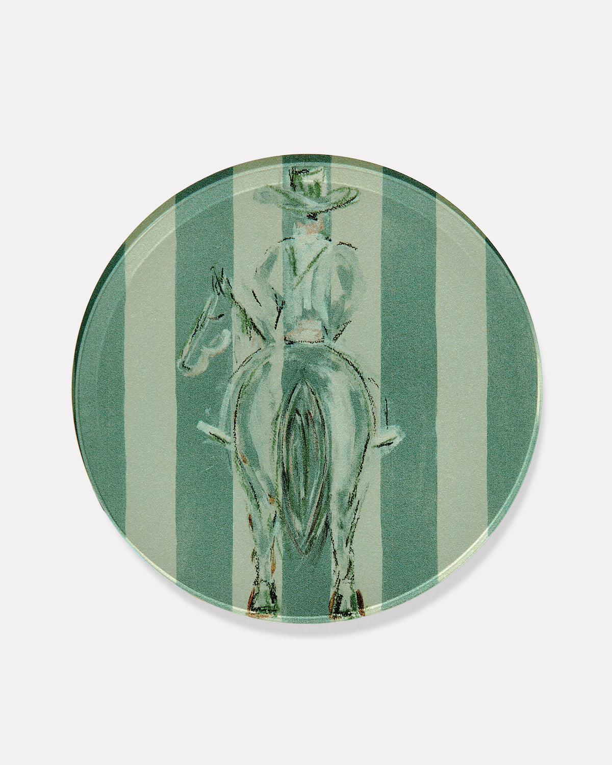 Round ceramic coaster with a horse and rider design on a green and white striped background