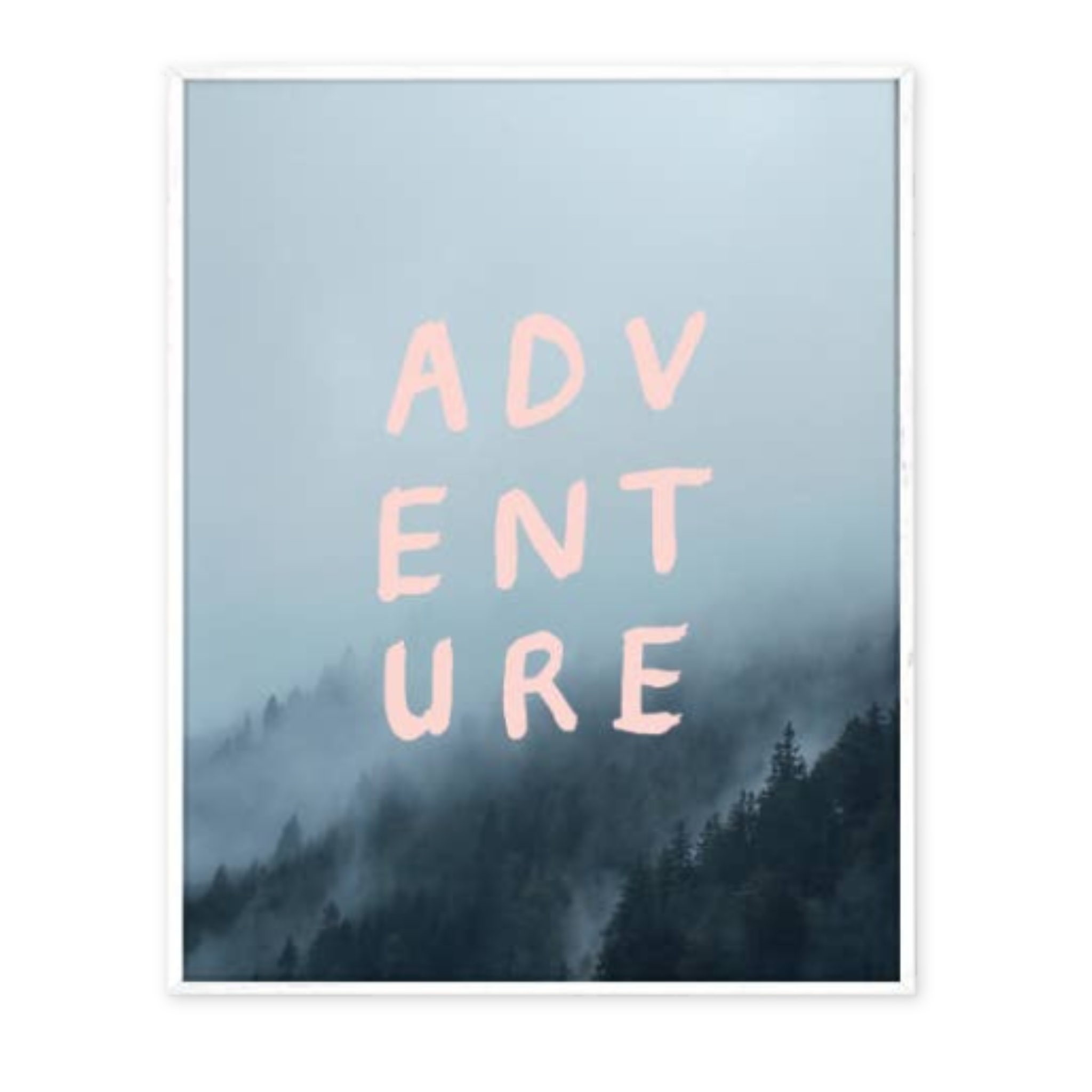 print with a misty forest scene and the word adventure on it 