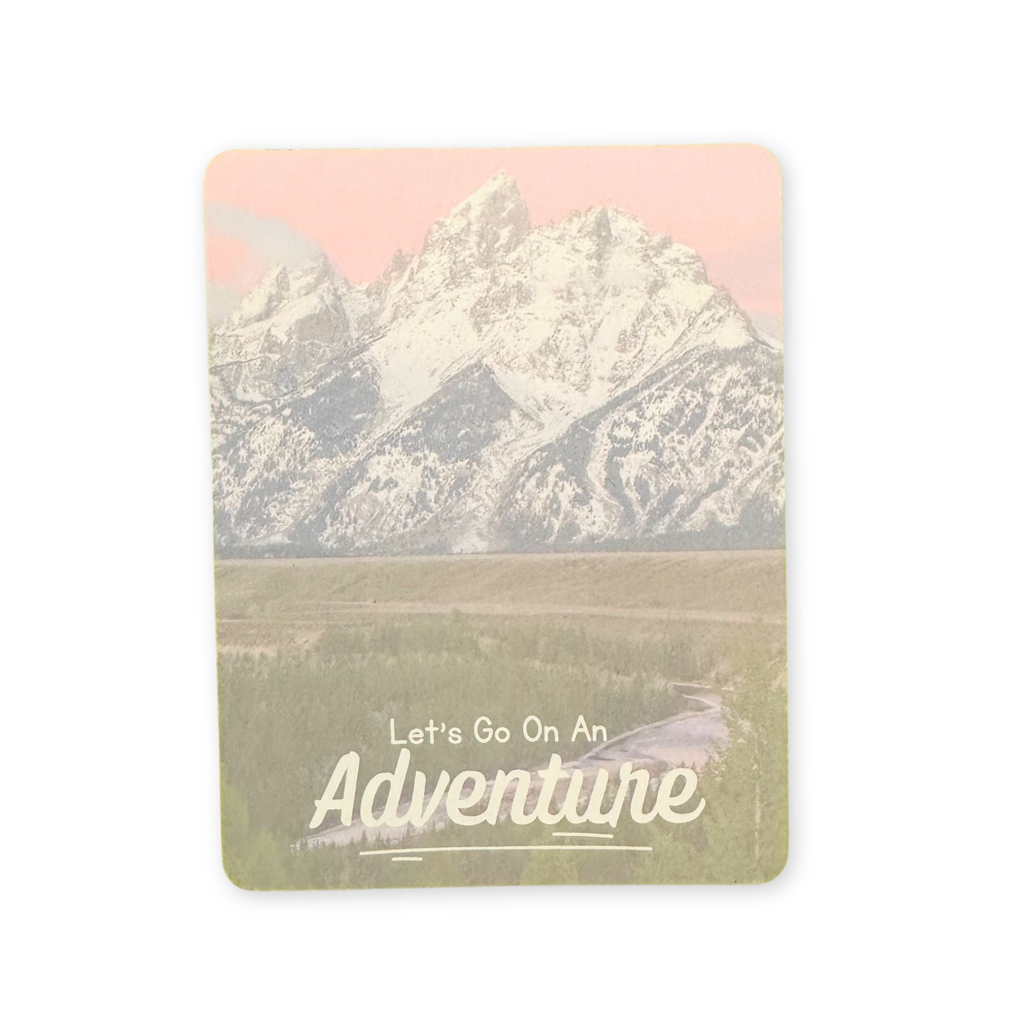 Postcard with mountain landscape and 'Let's Go On An Adventure' text on a white background