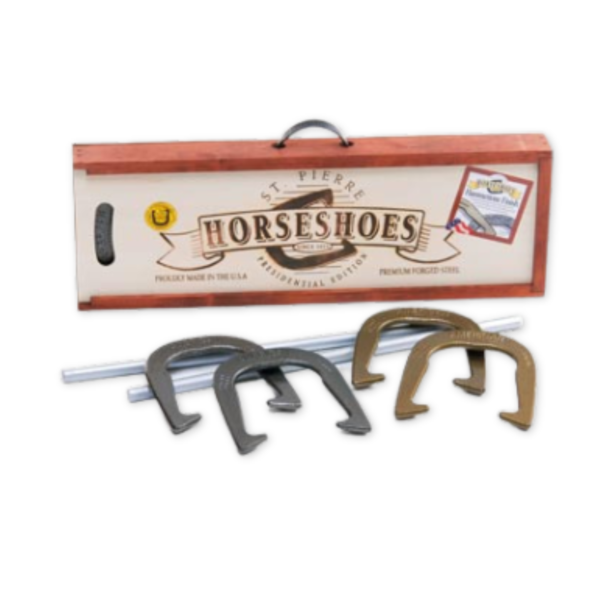 horseshoe game set with wooden box