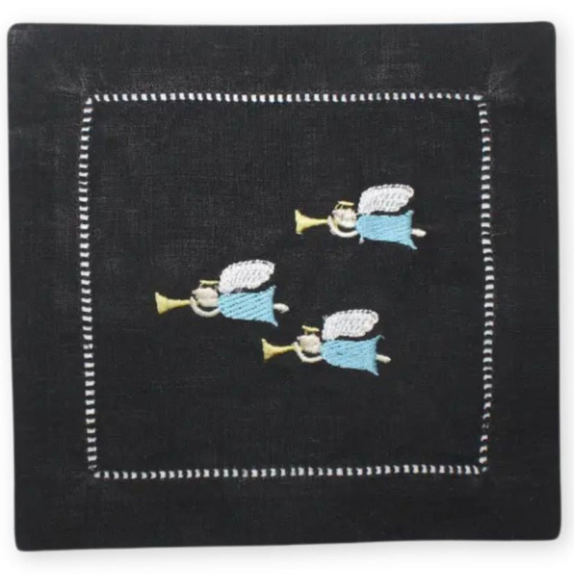 Black linen napkins, with three embroidered blue flying angels across  the middle playing trumpets. 