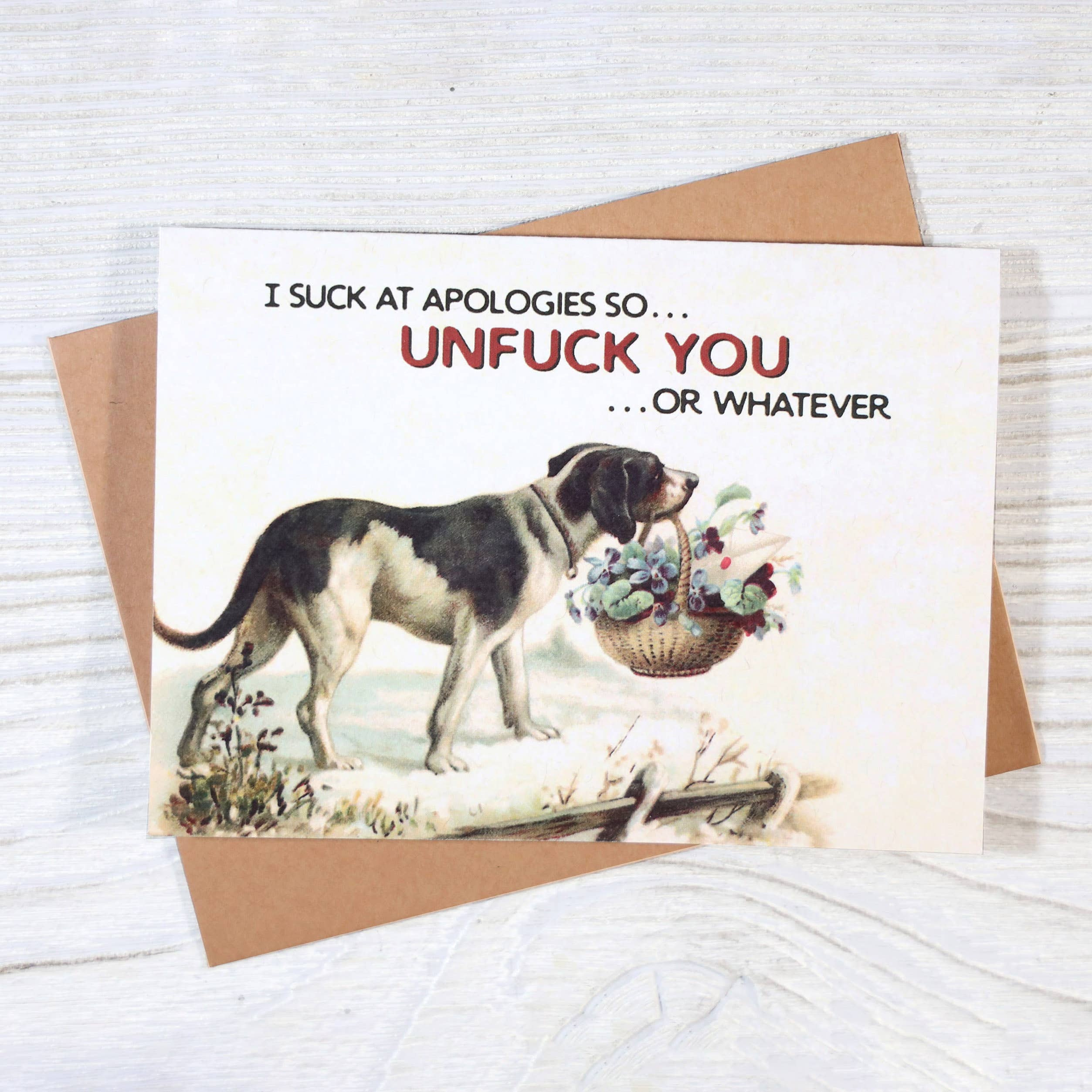 Card with a dog holding a basket of flowers and text on a white background