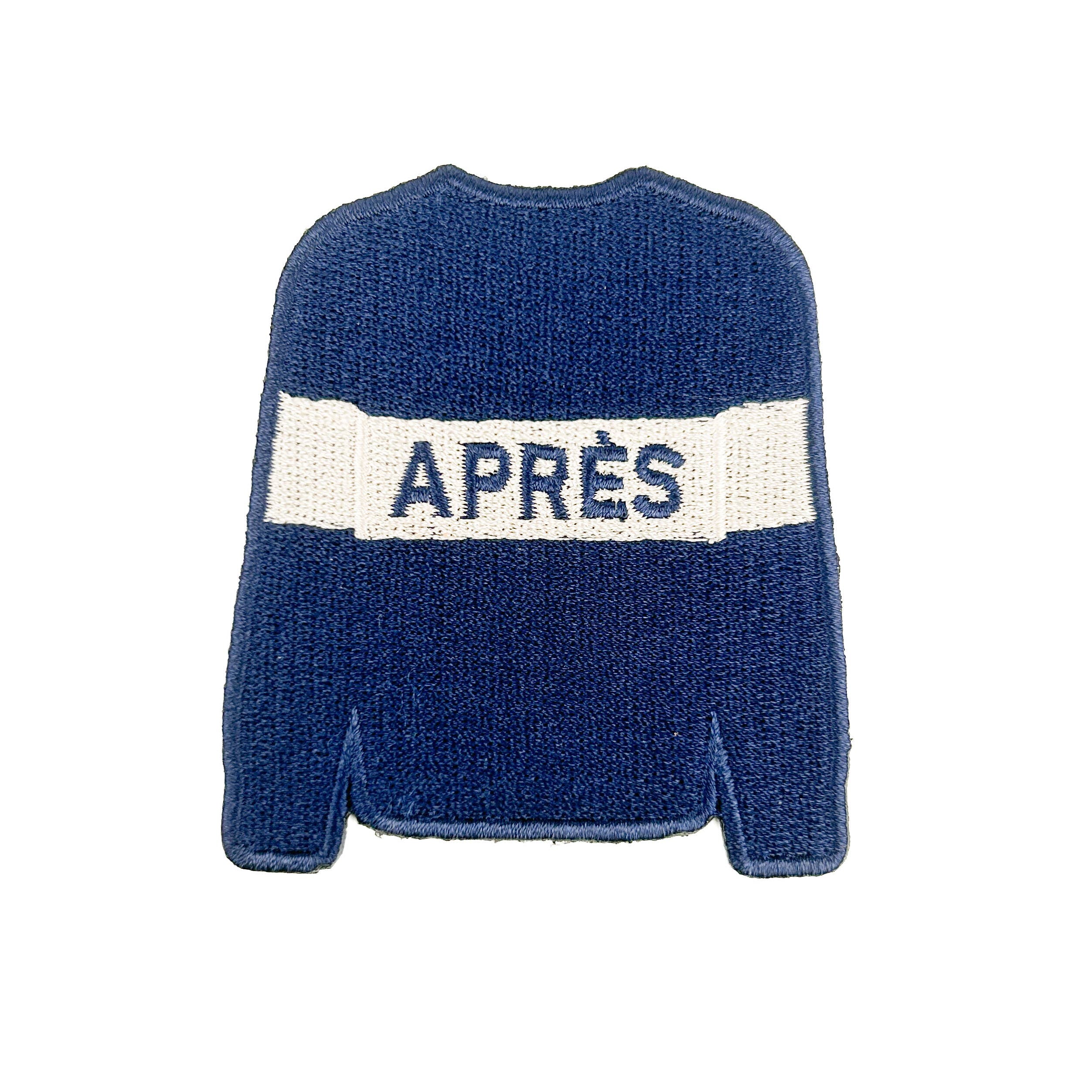 Embroidered iron on patch of a Blue sweater with white stripe saying 'APRèS' on it. 