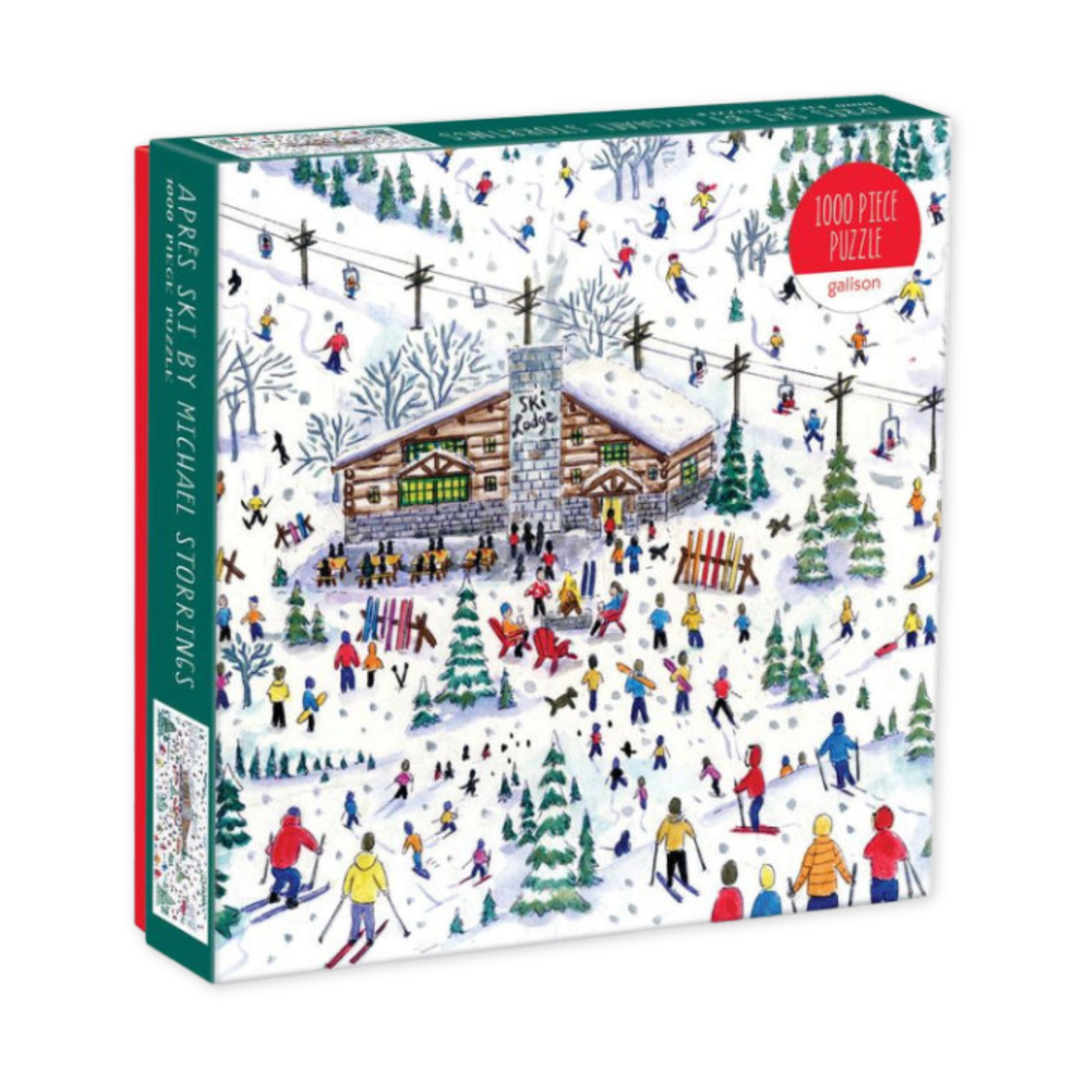 one thousand piece puzzle with a design featuring a ski lodge and chairlift and skiers celebrating