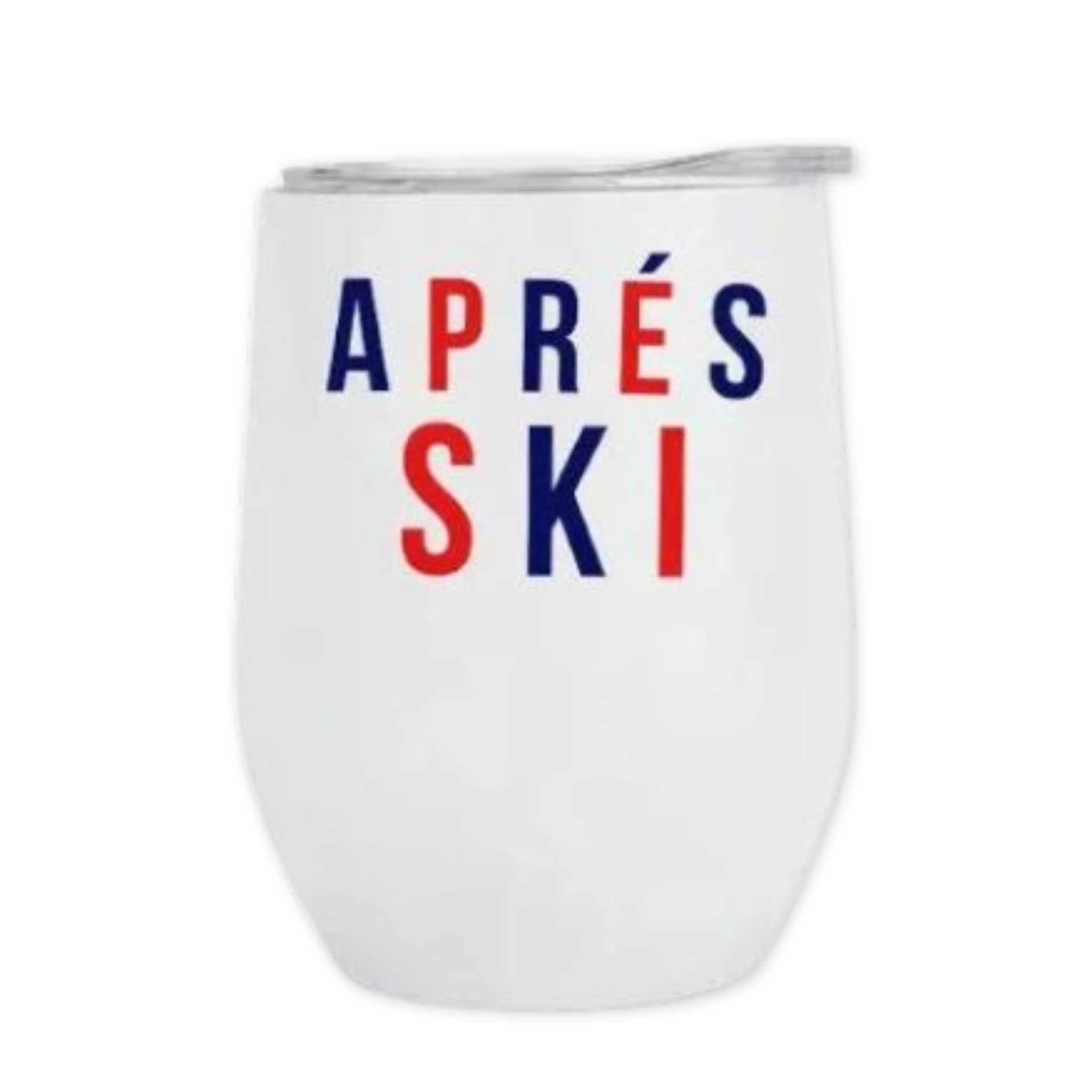 insulated wine tumbler with apres ski printed on the front