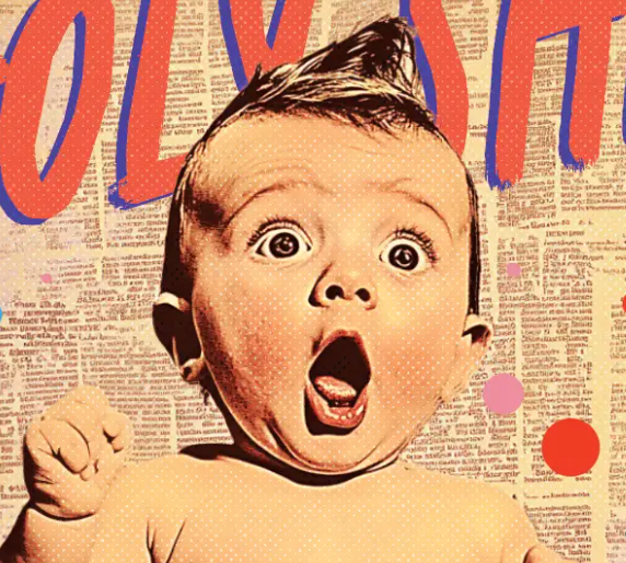 Vintage-style image of a baby with a surprised expression on a newspaper background