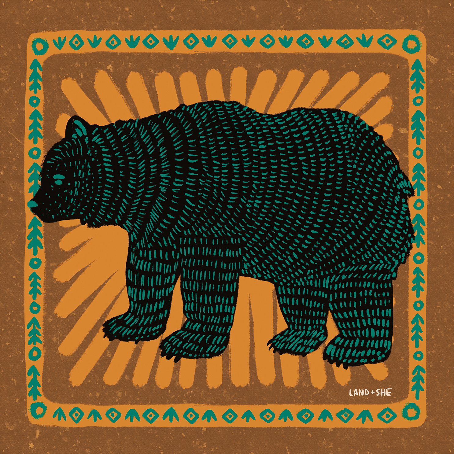 Digitally hand-drawn illustration of a black bear with a green and black pattern on its body, set against an orange background with a decorative border.