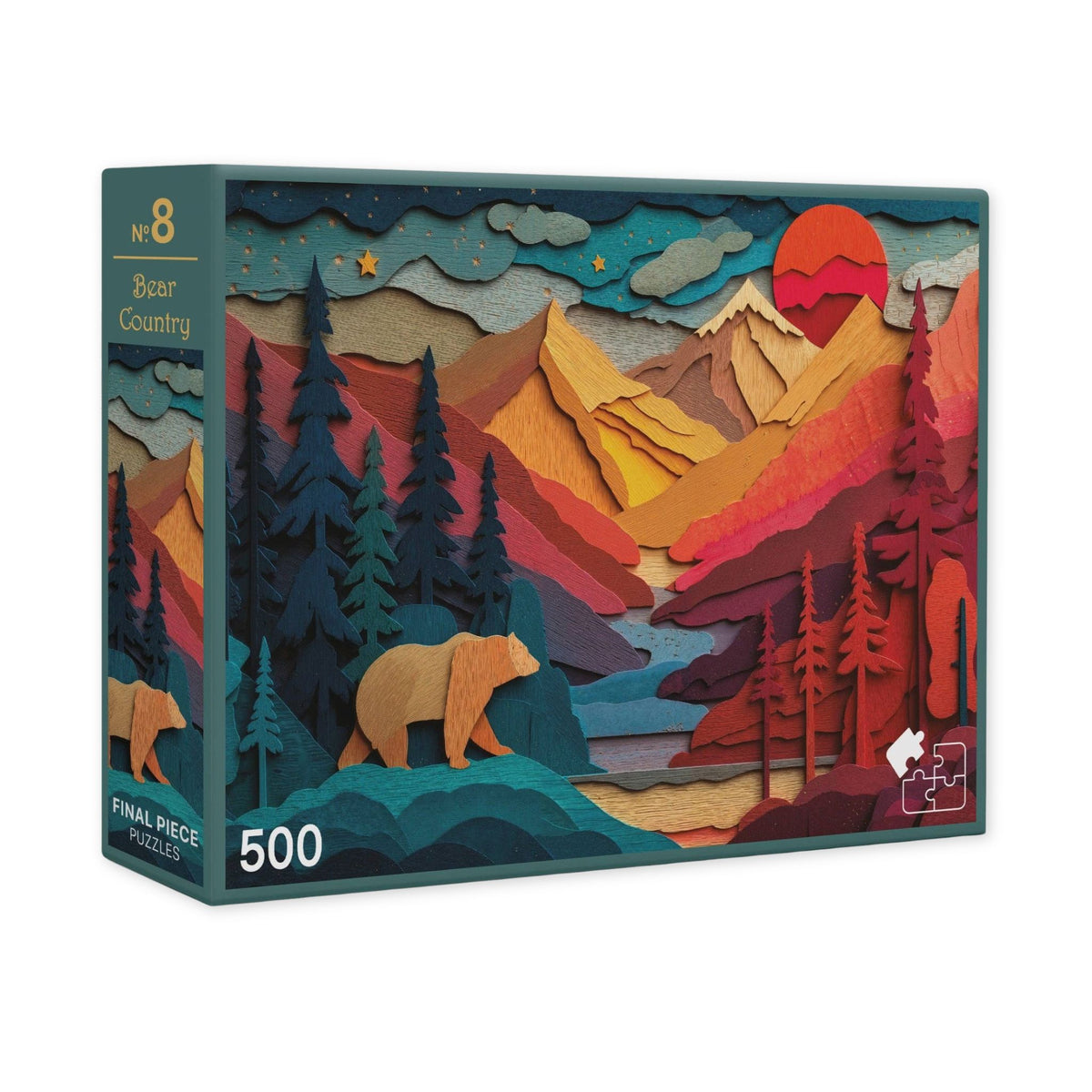 Bear Country 500-piece jigsaw puzzle from Final Piece Puzzles, a lone bear under a glowing sunset in red, gold and teal