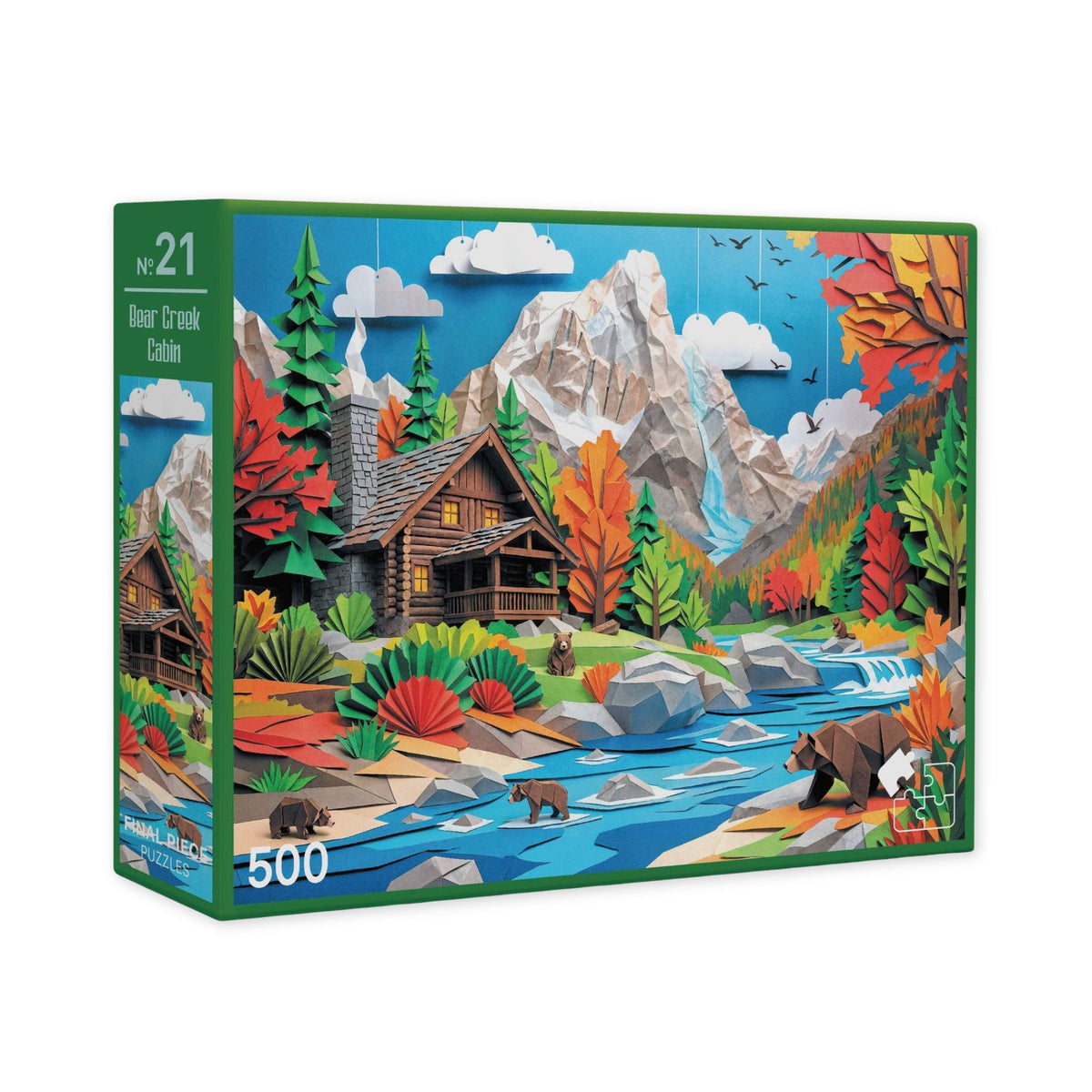 Bear Creek Cabin 500-piece jigsaw puzzle from Final Piece Puzzles, a paper-cut style cabin among pines and mountains