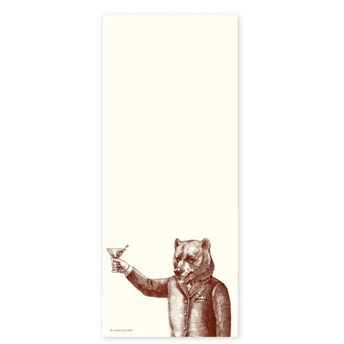A tall, narrow cream-colored rectangular print or card featuring a sepia-toned illustration of a bear in a suit holding a martini glass, shown against a white background.