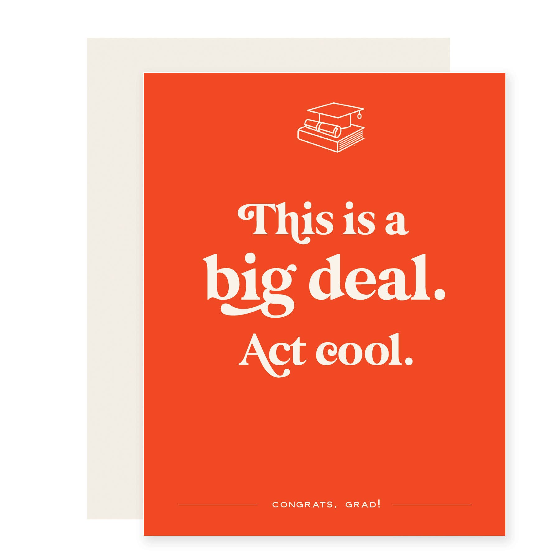 Orange graduation card with white text and a white envelope on a white background