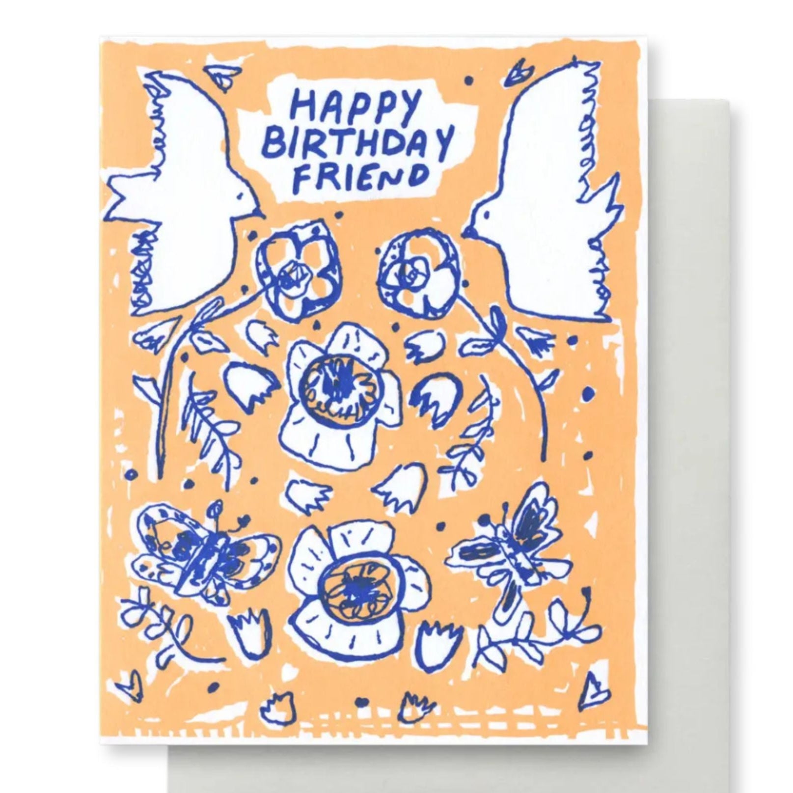Birthday card with blue floral and butterfly illustrations on an orange background, featuring the text 'Happy Birthday Friend'.