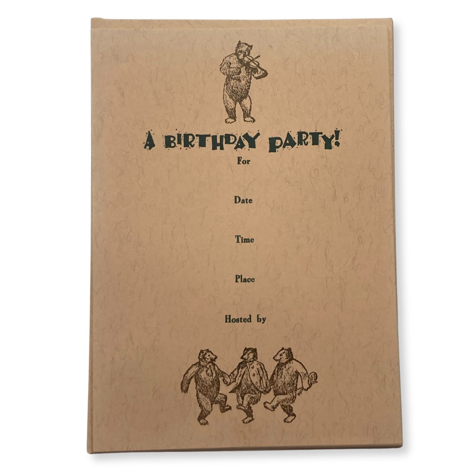 Invitation card for a birthday party with bear illustrations on a brown background