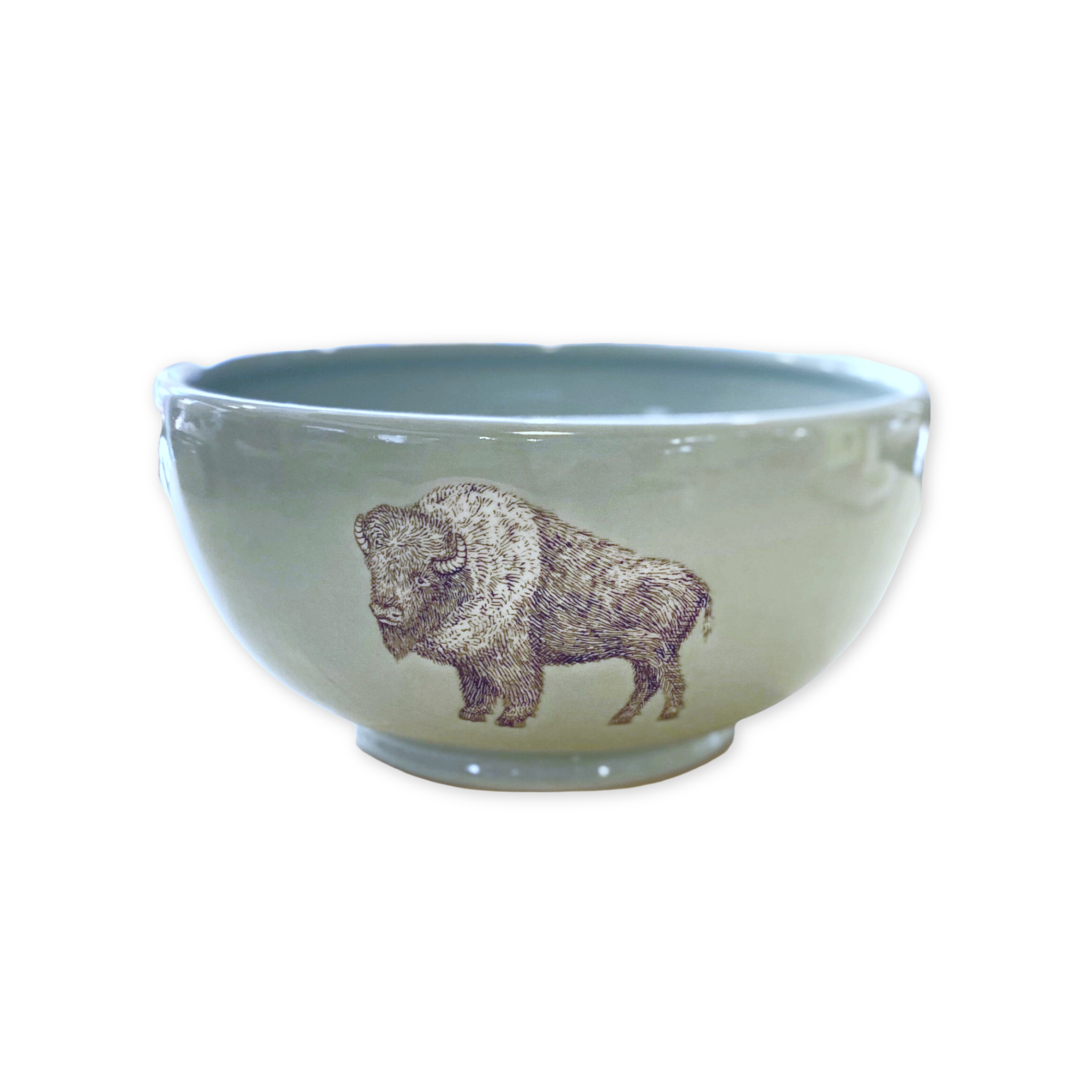 large porcelain serving bowl with a screen printed hand drawn bison design 