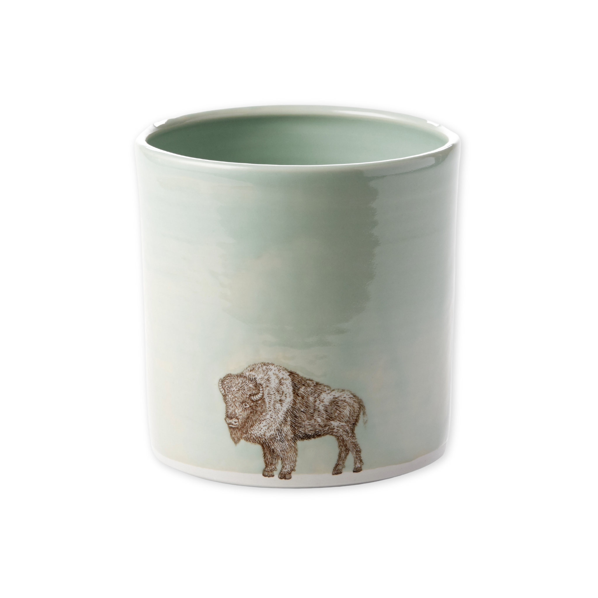 large porcelain crock with screen printed hand drawn bison design 