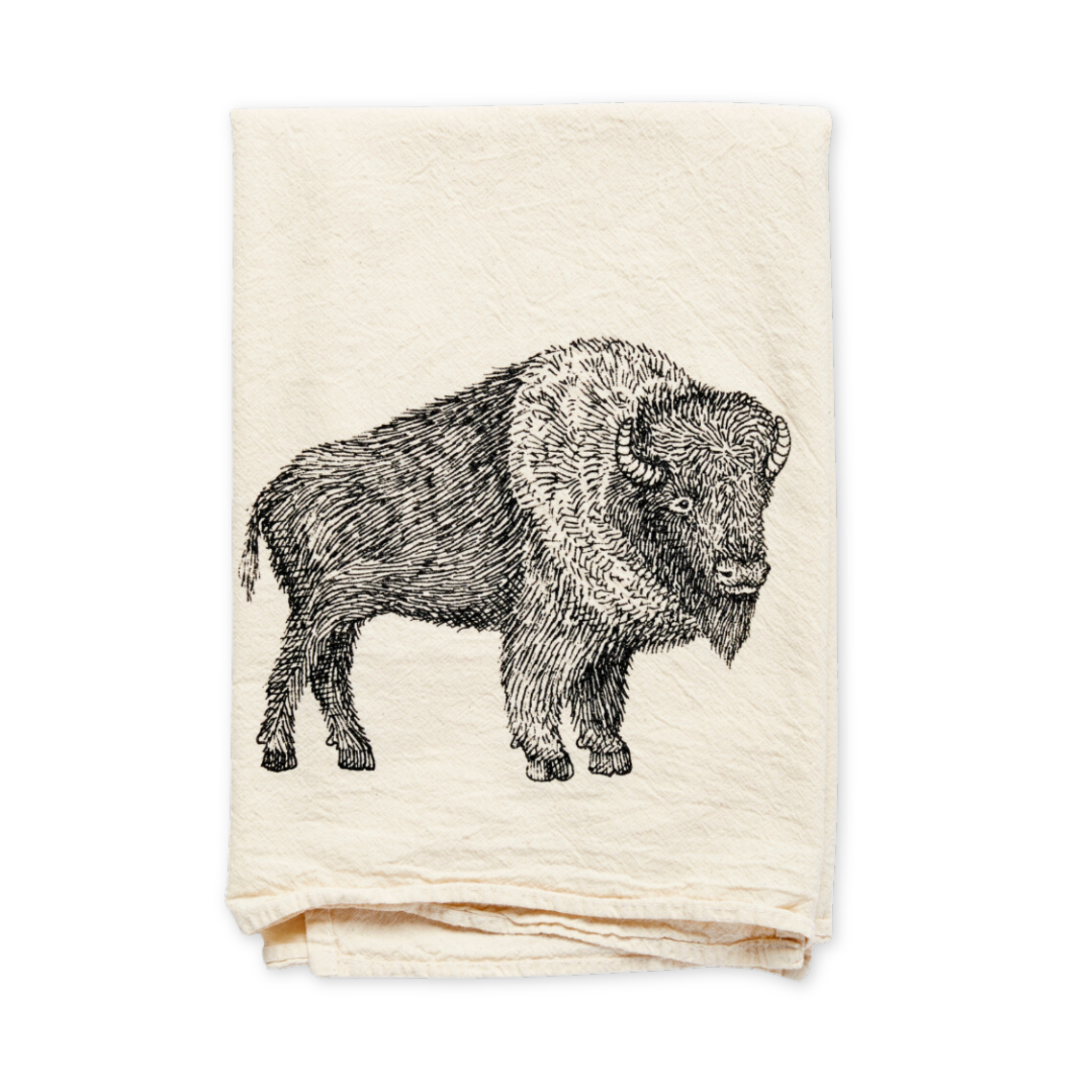 flour sack cotton tea towel featuring a screen printed bison design