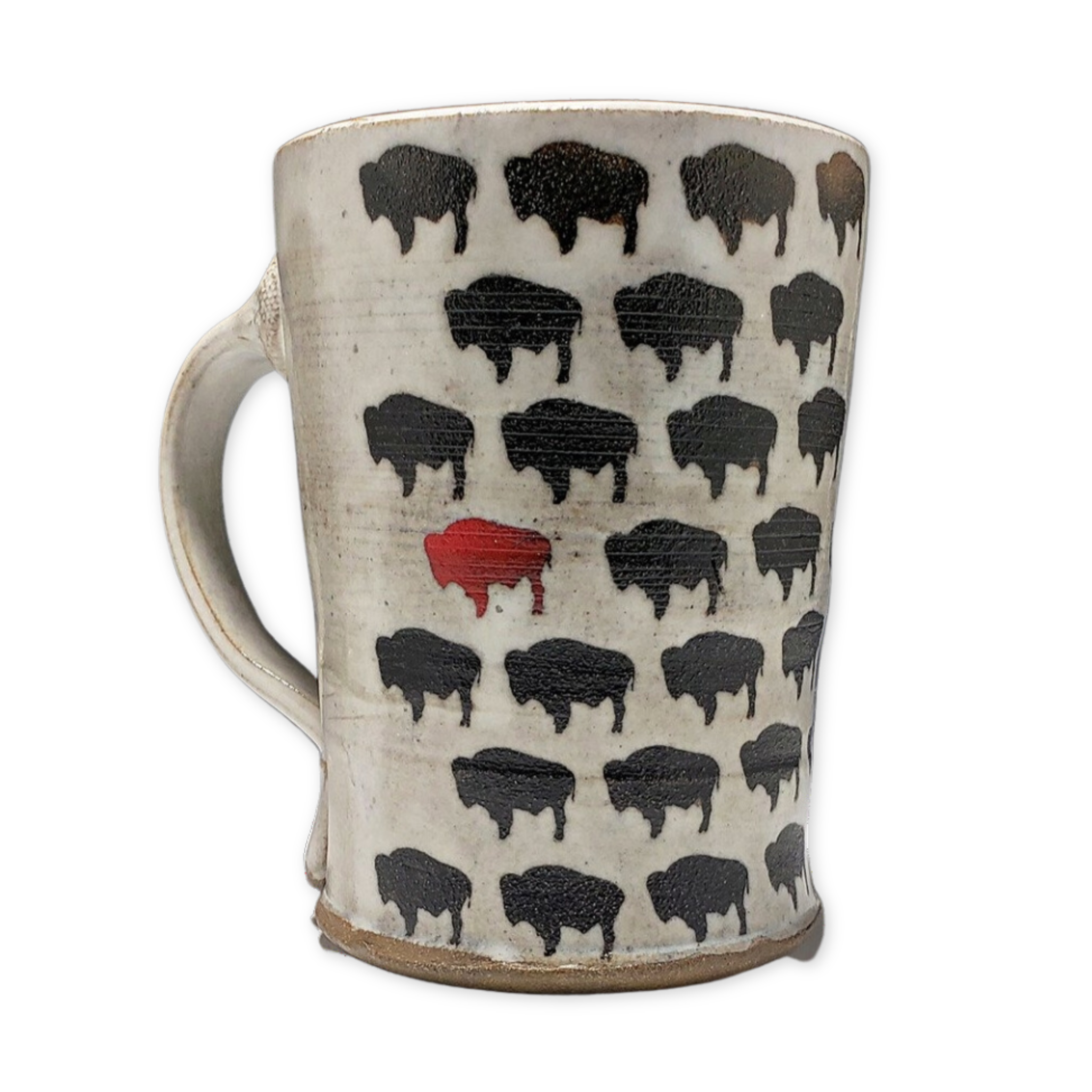 ceramic mug with multiple small black bison and one red bison