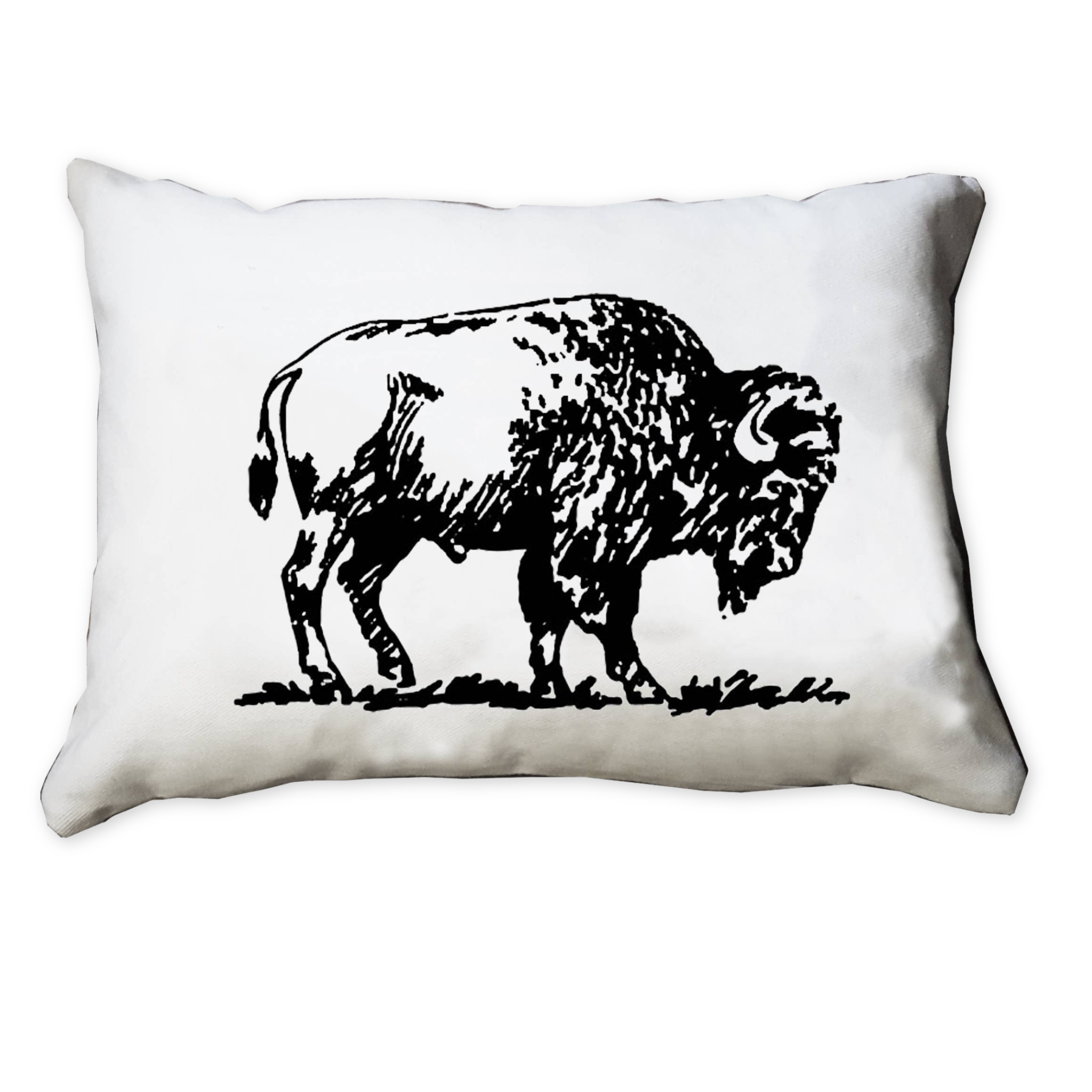 denim accent pillow with a hand drawn bison printed on the front