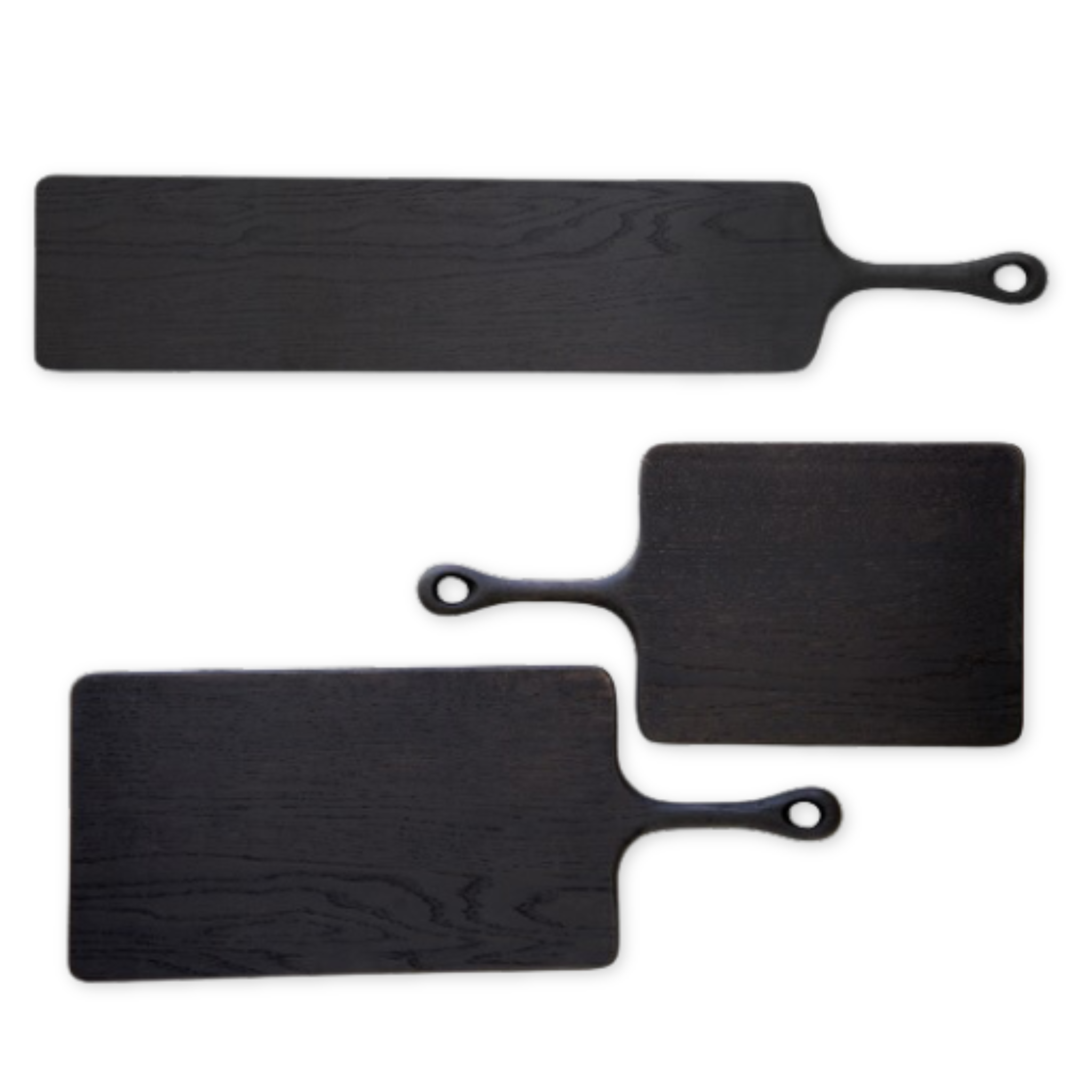 black wooden serving boards in three different sizes