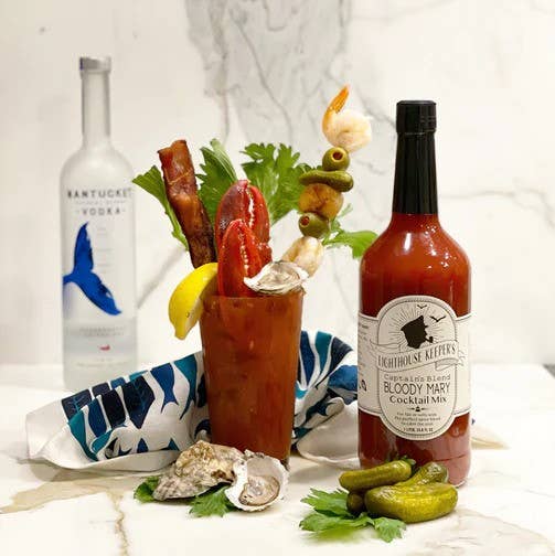 Bloody mary cocktail with Lighthouse Keeper's Company cocktail mix and Bantucka vodka on a marble surface.