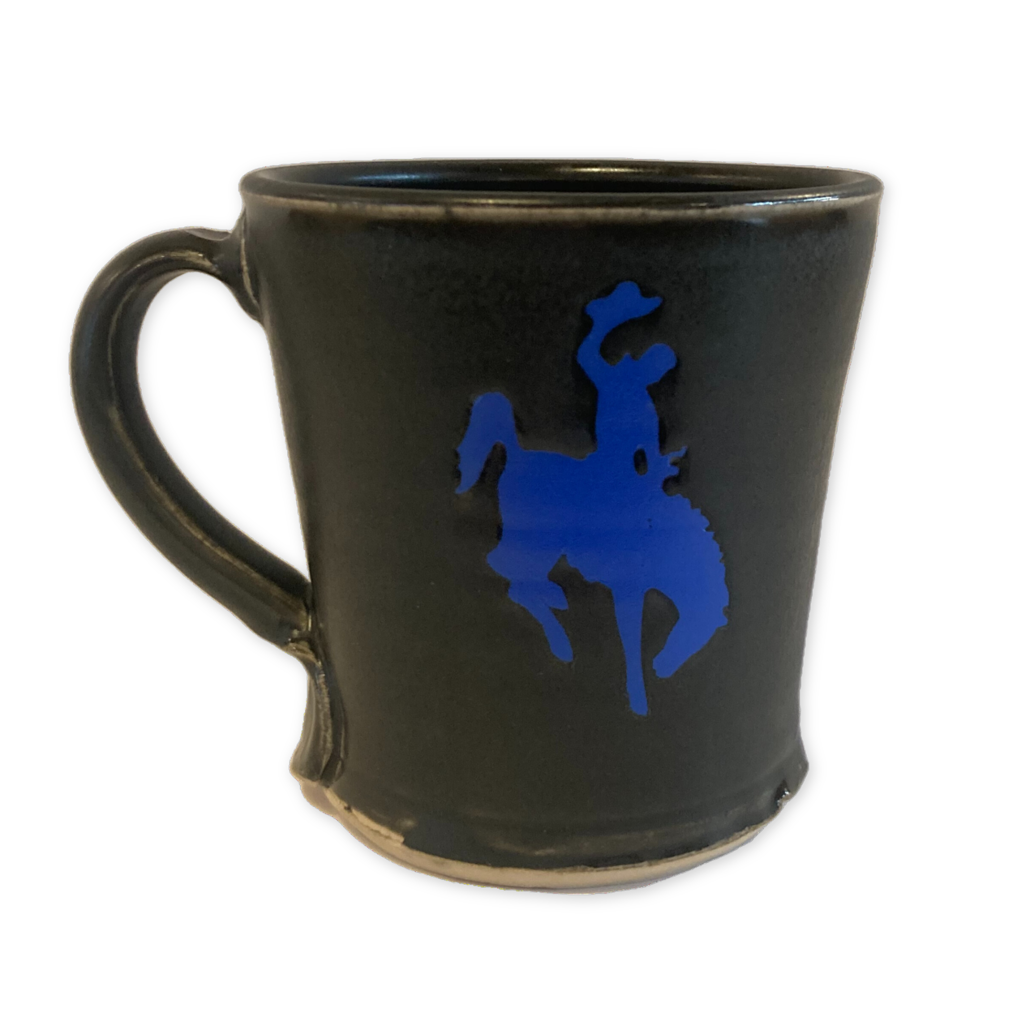 handmade ceramic mug with a blue wyoming cowboy design