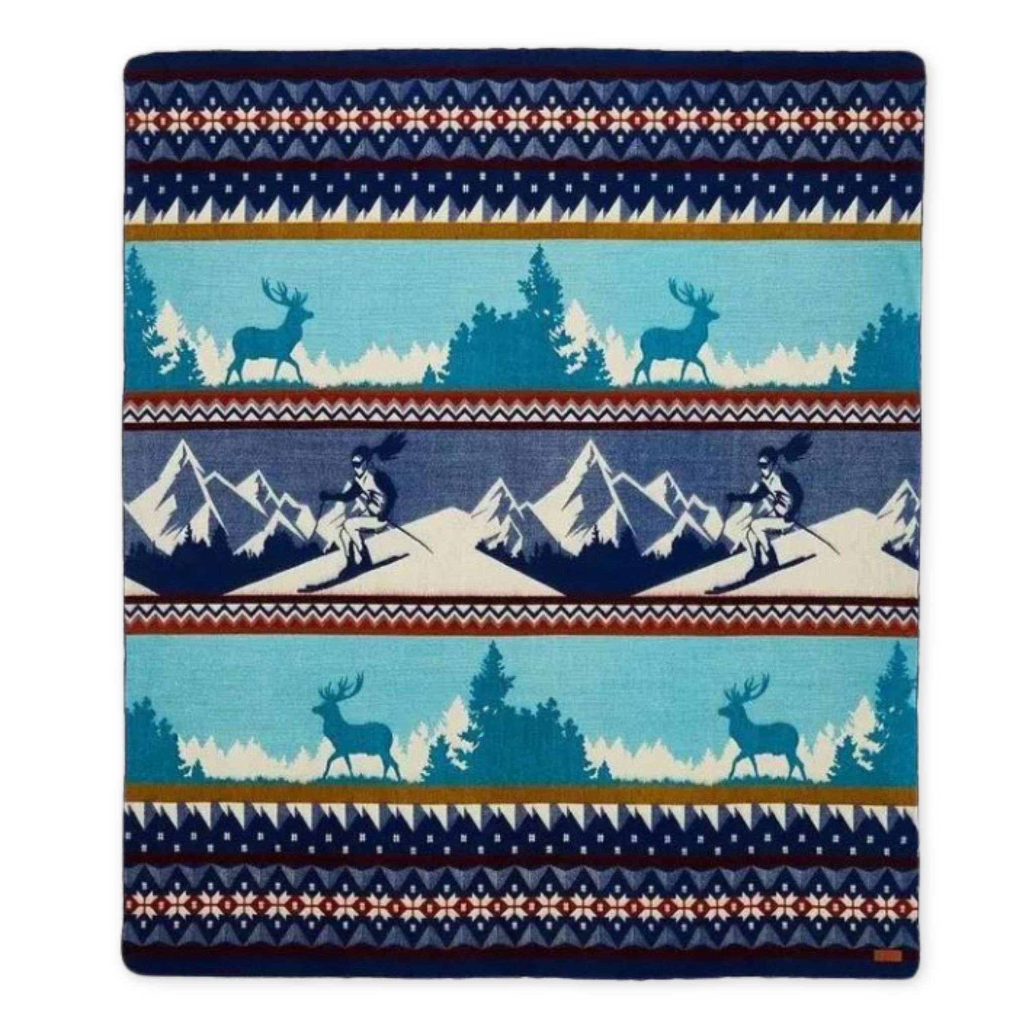 southwestern inspired blanket with images of deer and female skiers