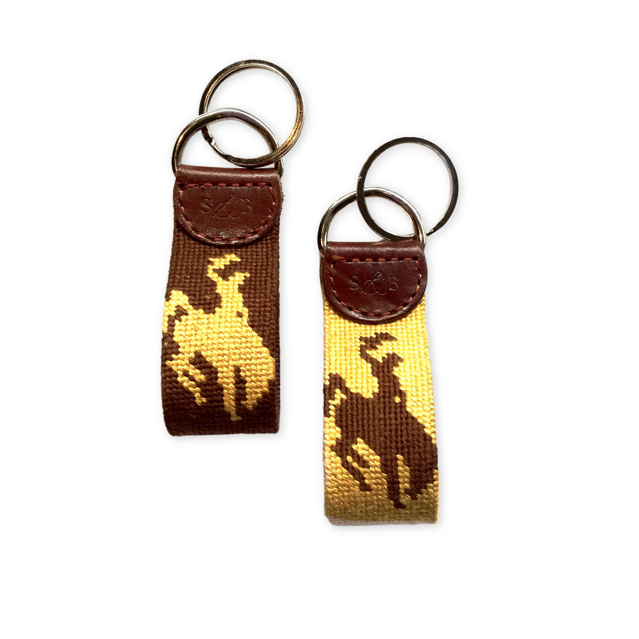 hand stitched needlepoint key fob with wyoming bronco design