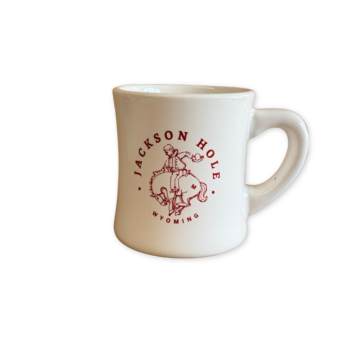 Bronco White Diner Mug with red lettering, a white diner-style mug from MADE in Jackson Hole, Wyoming