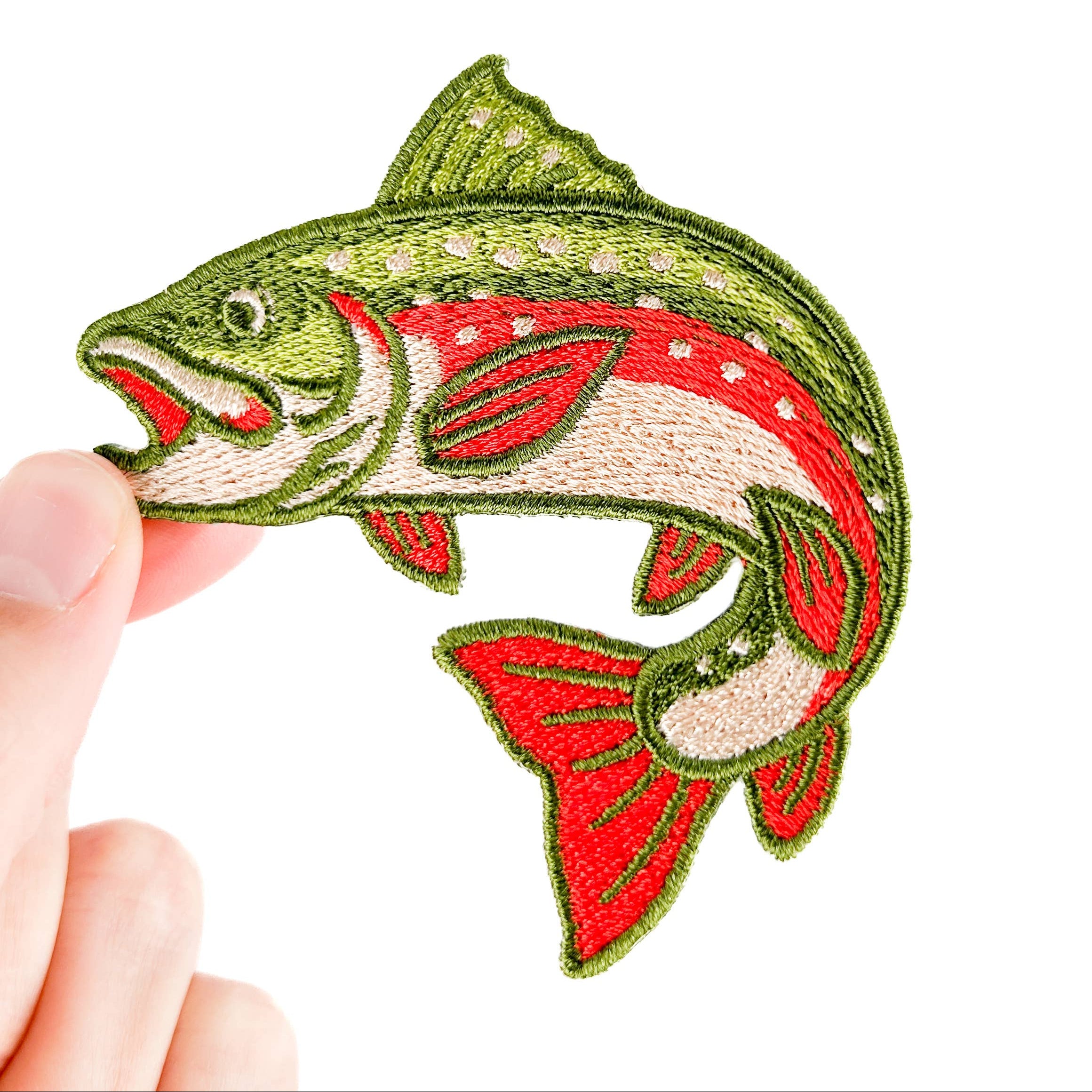 Embroidered iron on patch of a brook trout with red and green design. 