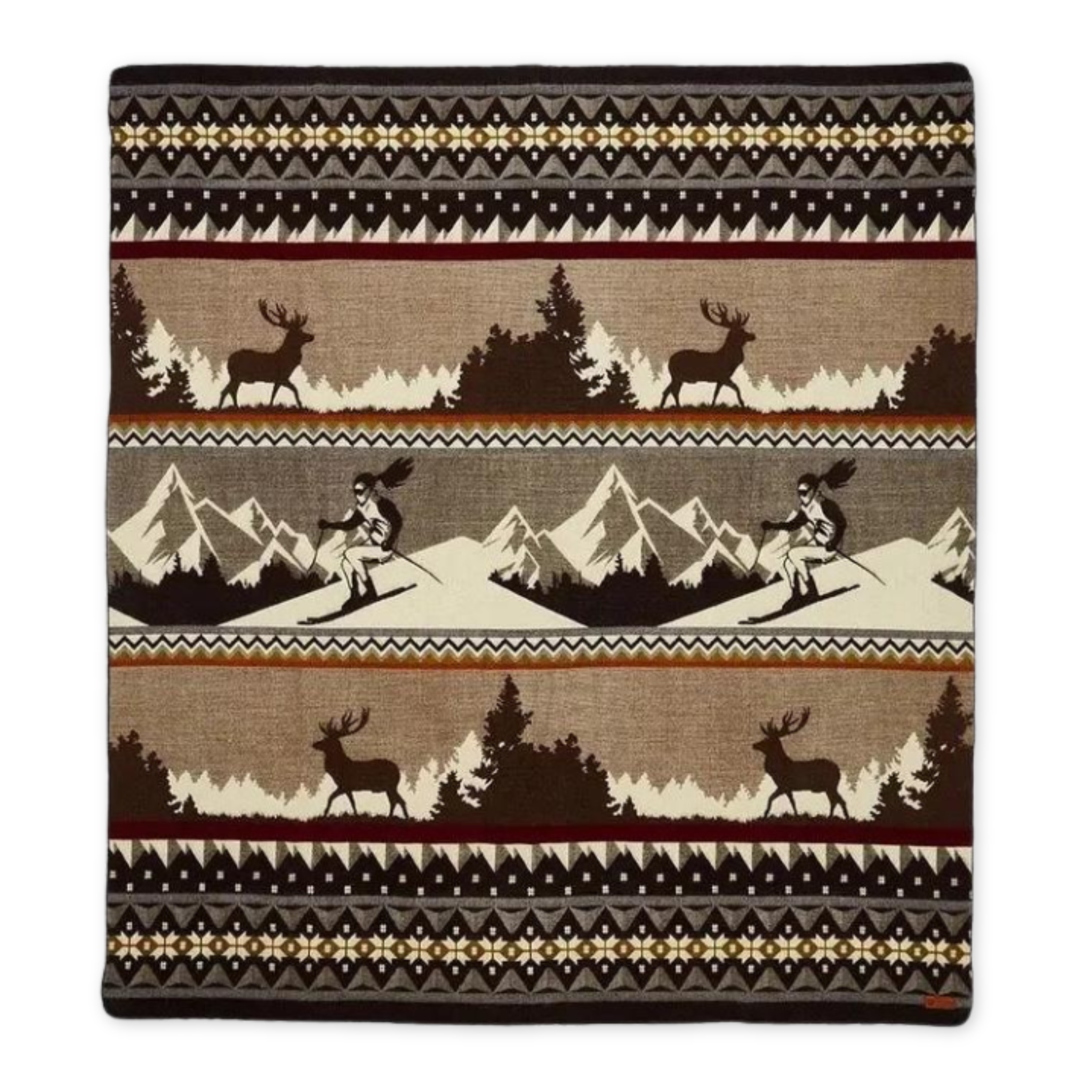 large brown southwestern inspired blanket with deer design and female skiers 