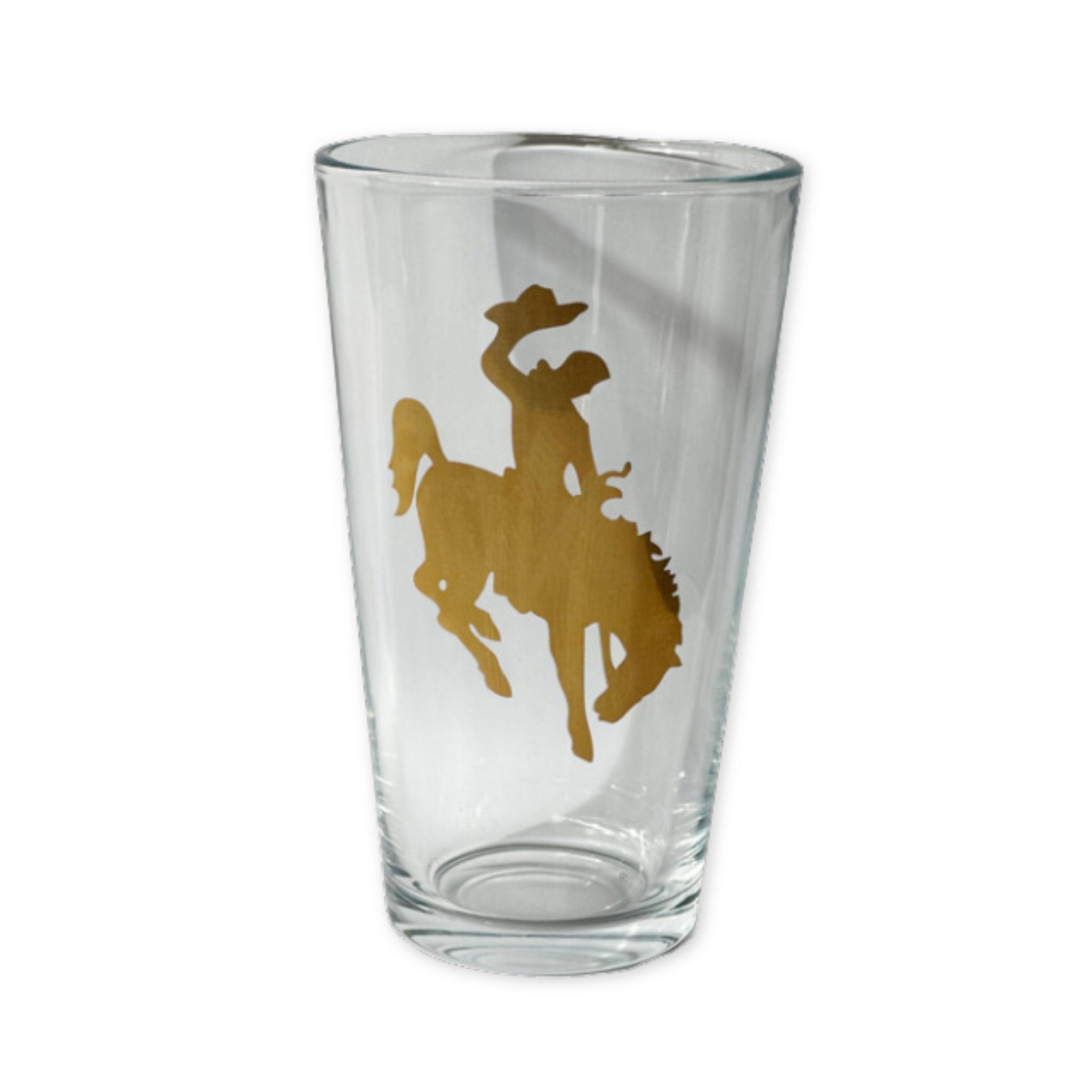 pint glass with gold wyoming bronco design