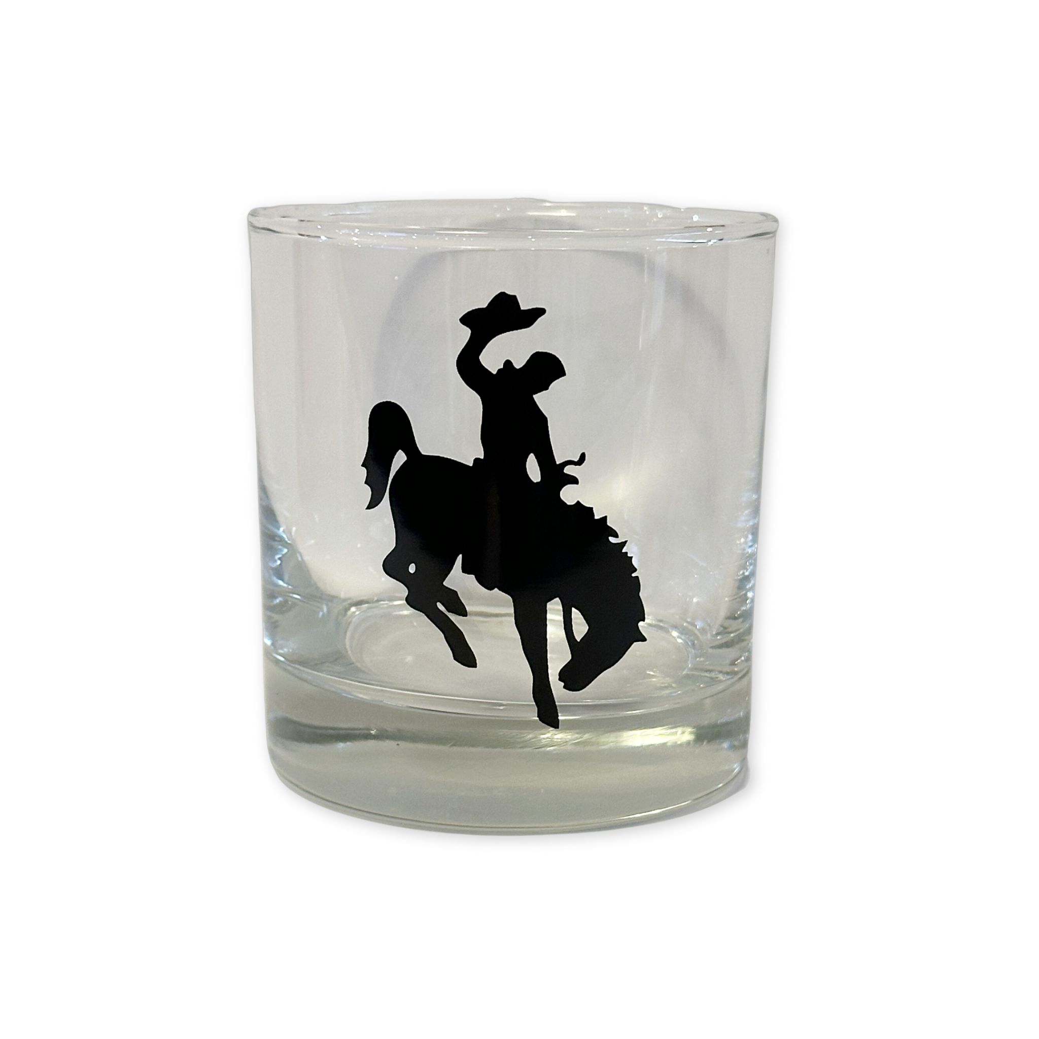 rocks glass with a black wyoming bronco design