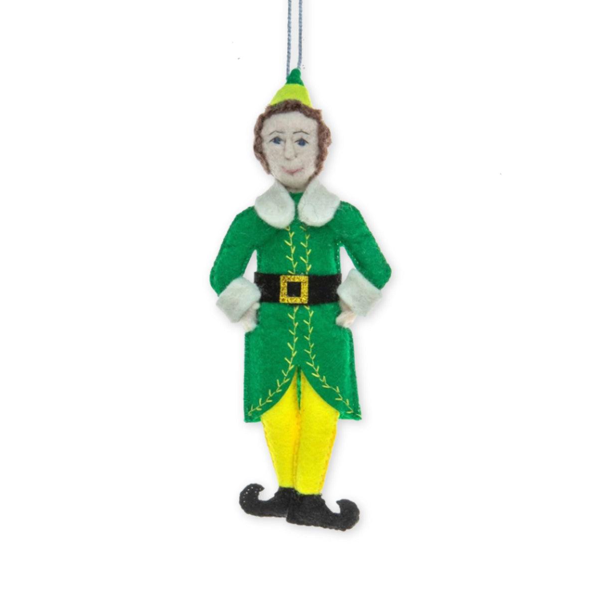 A felt Christmas ornament shaped like an elf, featuring a green outfit with white fur-trim collar, yellow pants, black shoes, and a green-and-yellow hat, hanging from a blue string on a white background.