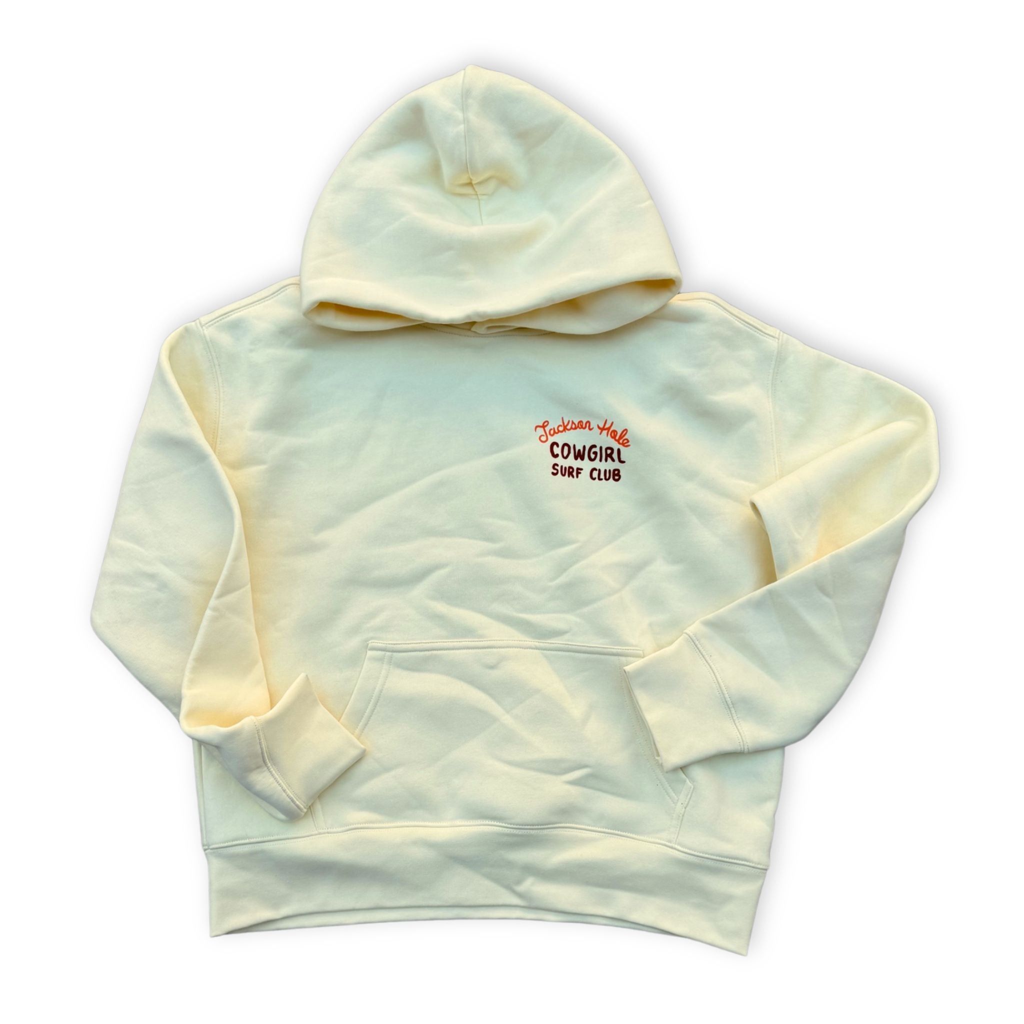 Butter Yellow Hoodie with text Jackson Hole Cowgirl Surf Club