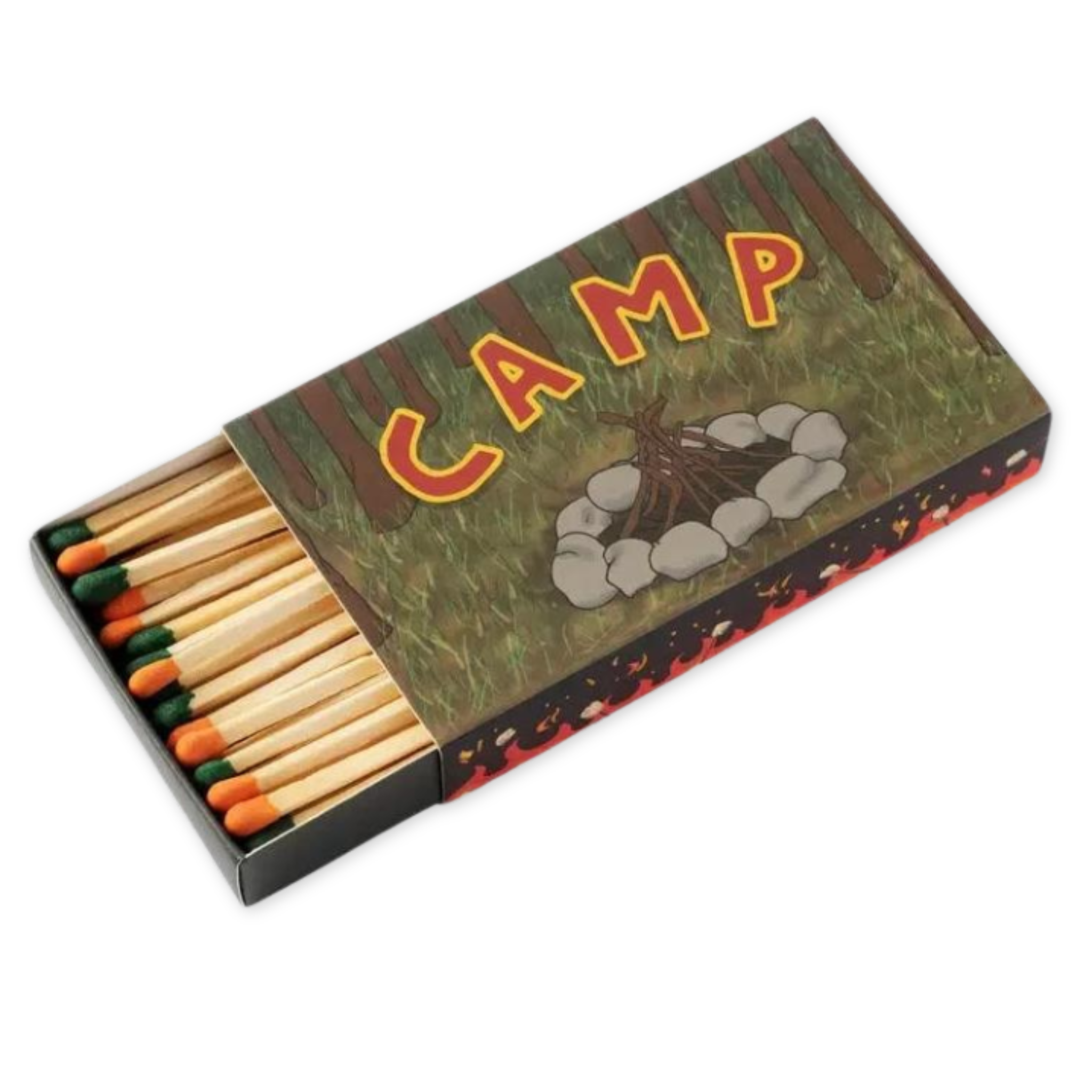 matchbox with the word camp and a campfire