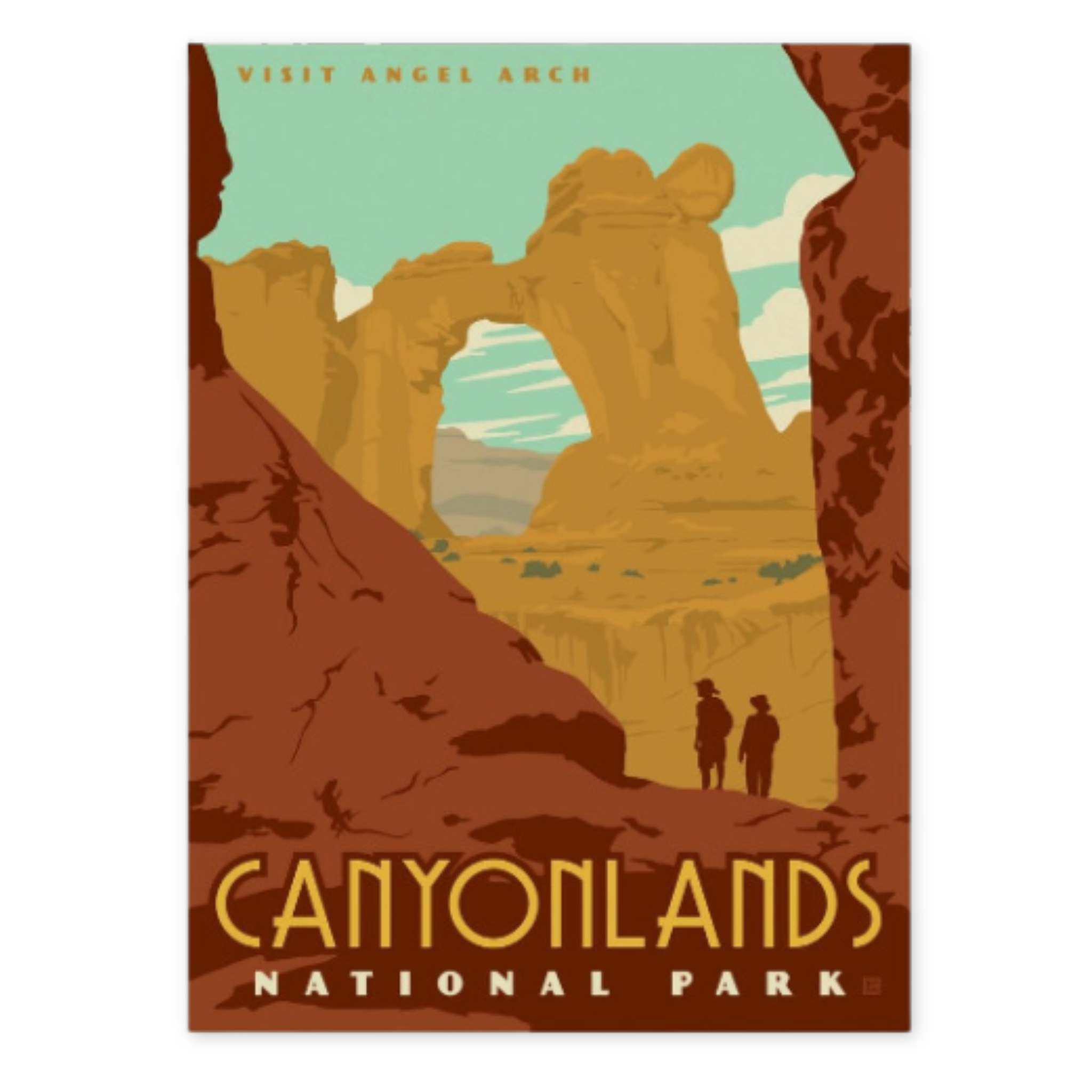 print of canyonlands national park with an image of angel arch with two hikers