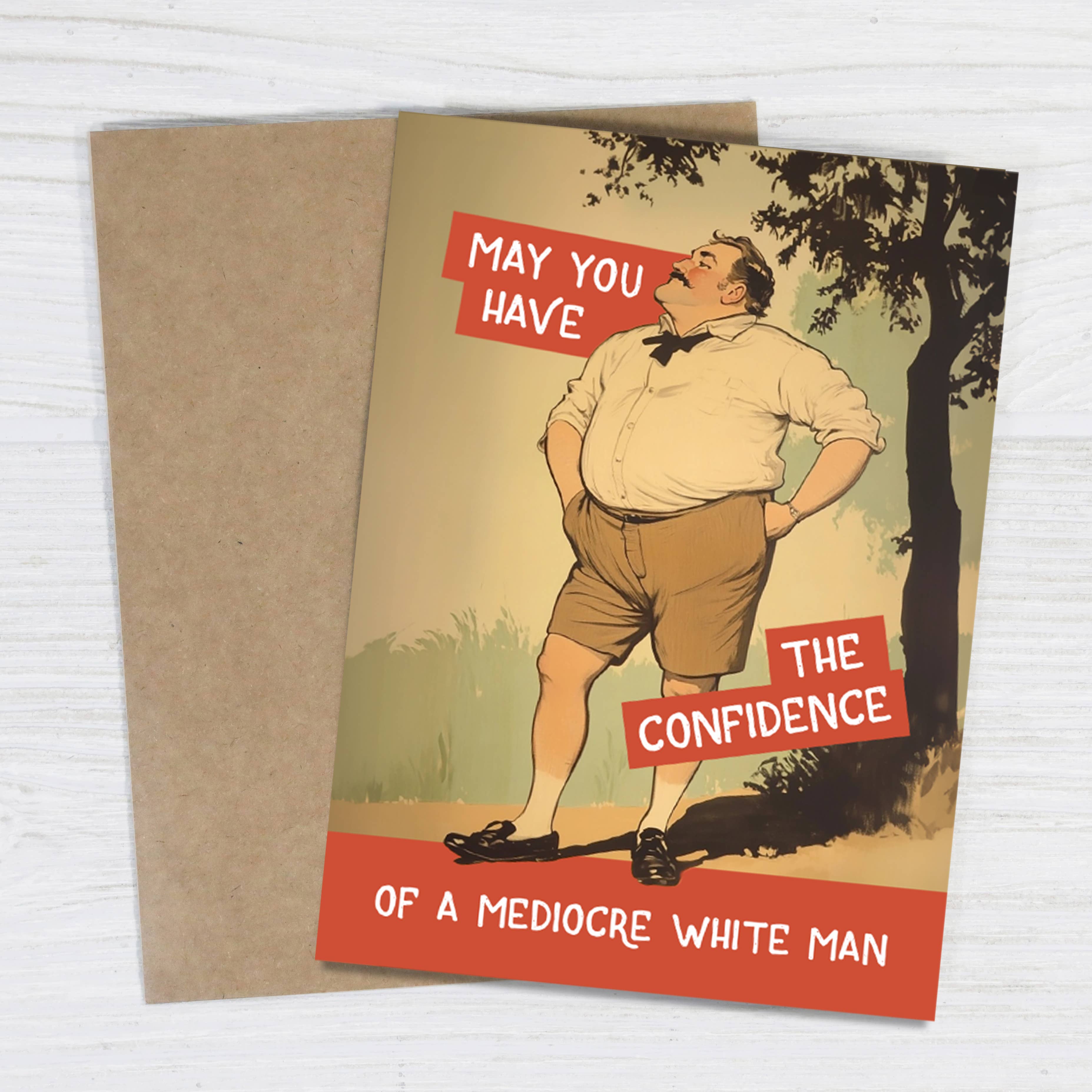 Greeting card with a humorous illustration of a man and text on a white background