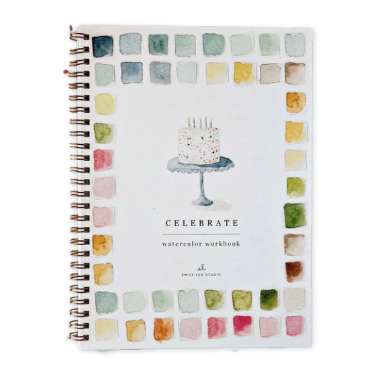 A spiral-bound watercolor workbook titled 'CELEBRATE' with a watercolor cake illustration in the center and a border of multicolored watercolor swatches around the edges, shown on a white background.