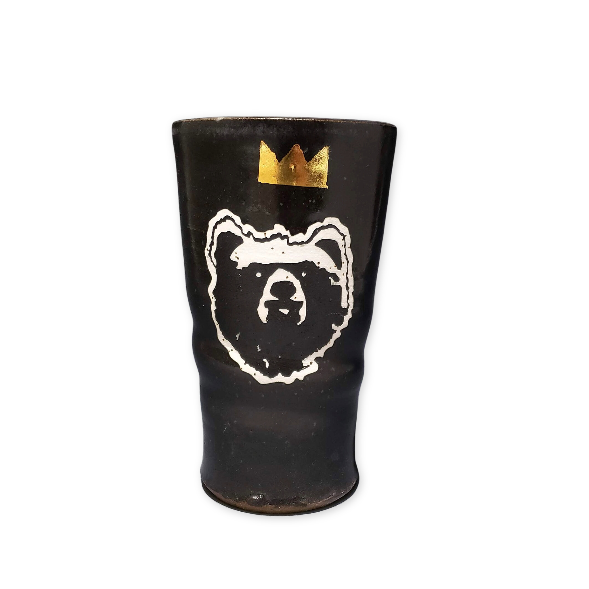 black ceramic handmade pint glass with image of a bear and a crown