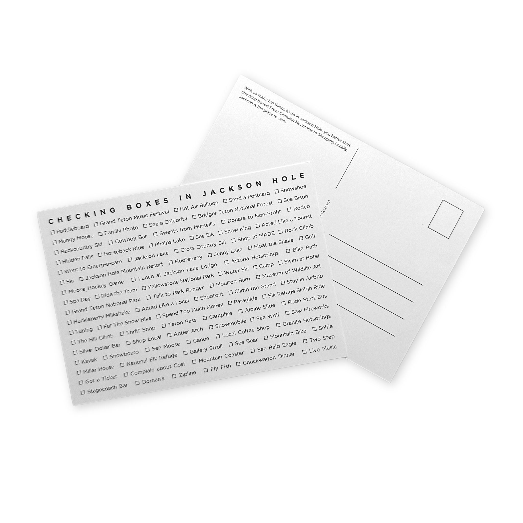 A checklist of everything you would want to experience on your trip to Jackson Hole, in postcard form. 