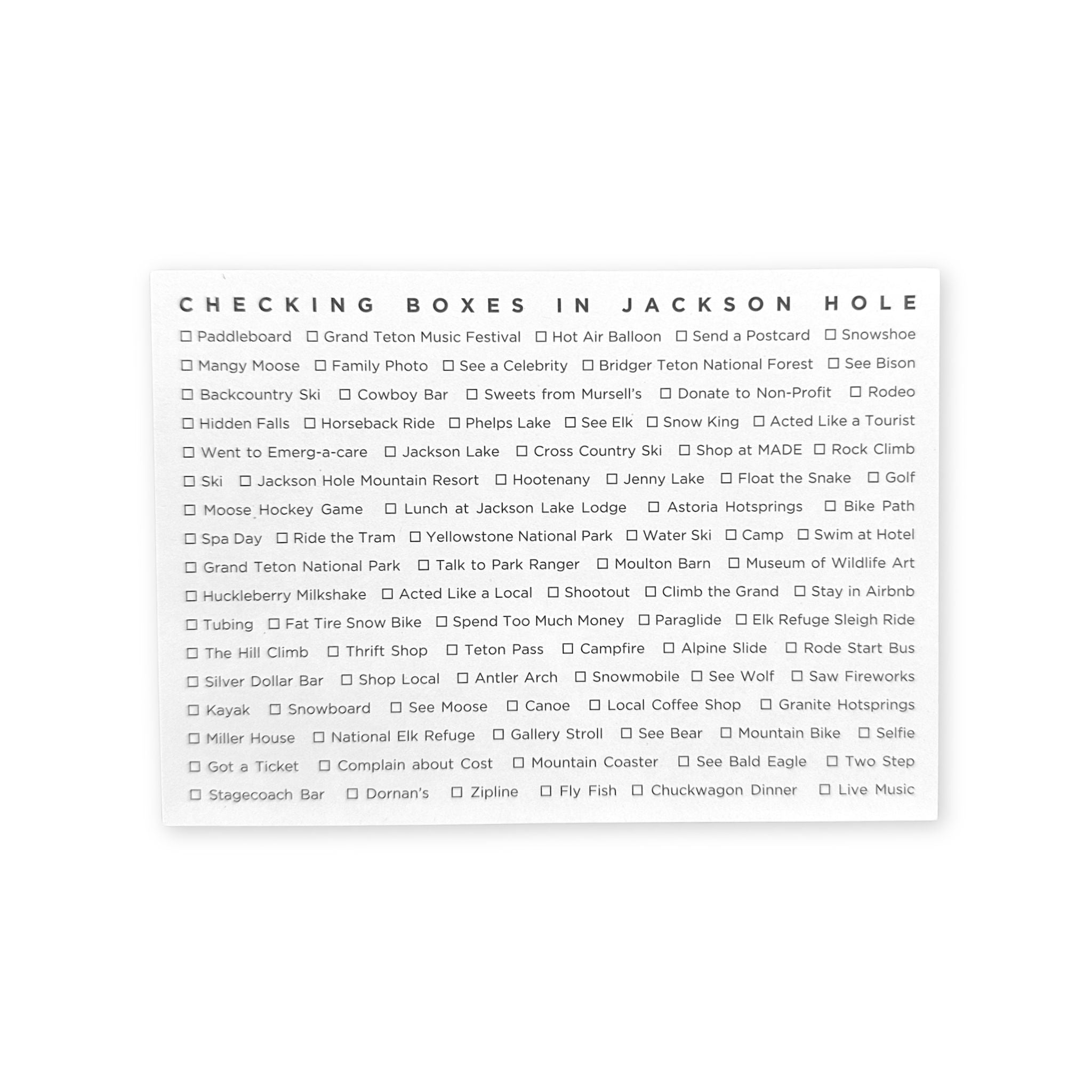 A checklist of everything you would want to experience on your trip to Jackson Hole, in postcard form. 