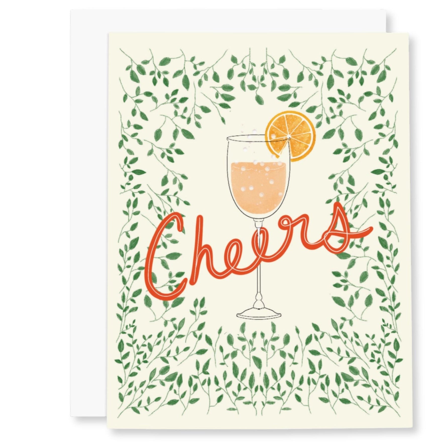 Greeting card with a wine glass and orange slice design, surrounded by leaves, on a white background.