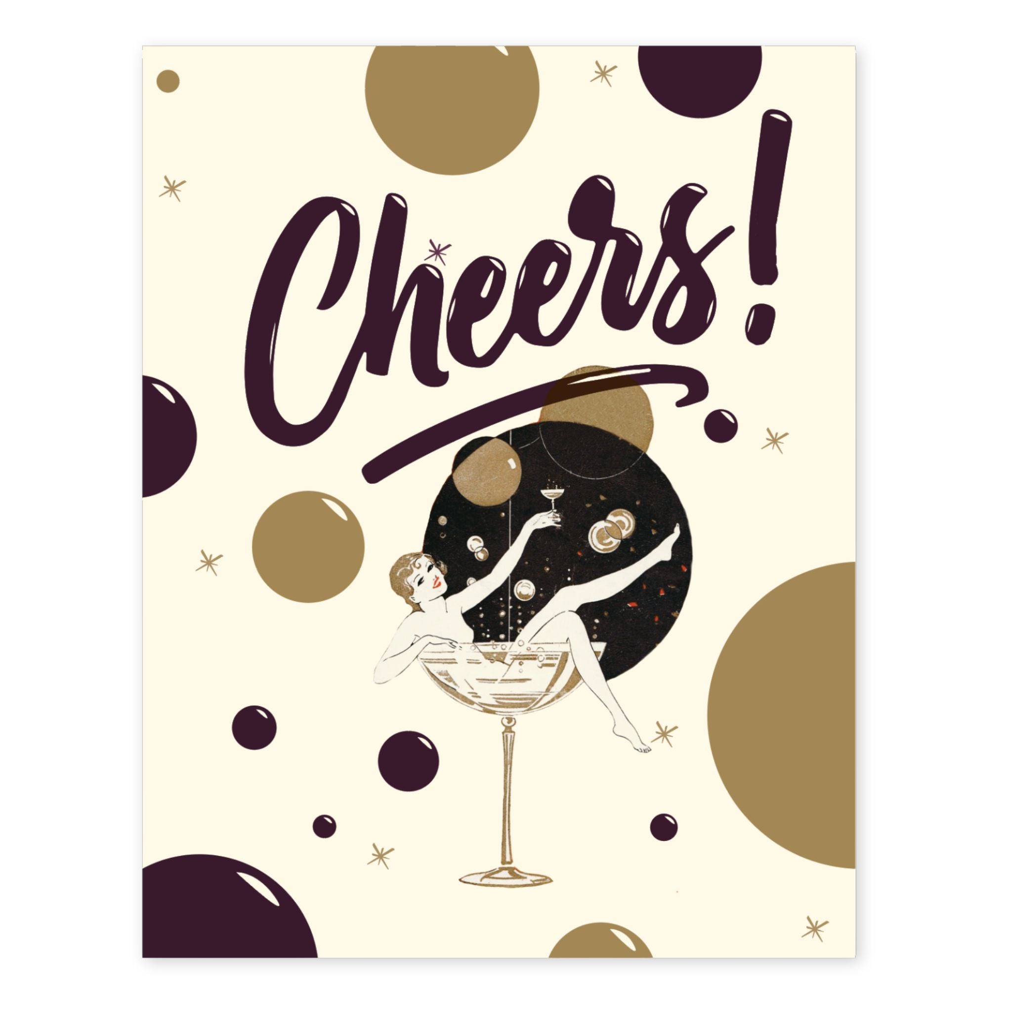 Poster with 'Cheers!' text and a woman in a cocktail glass against a polka dot background.