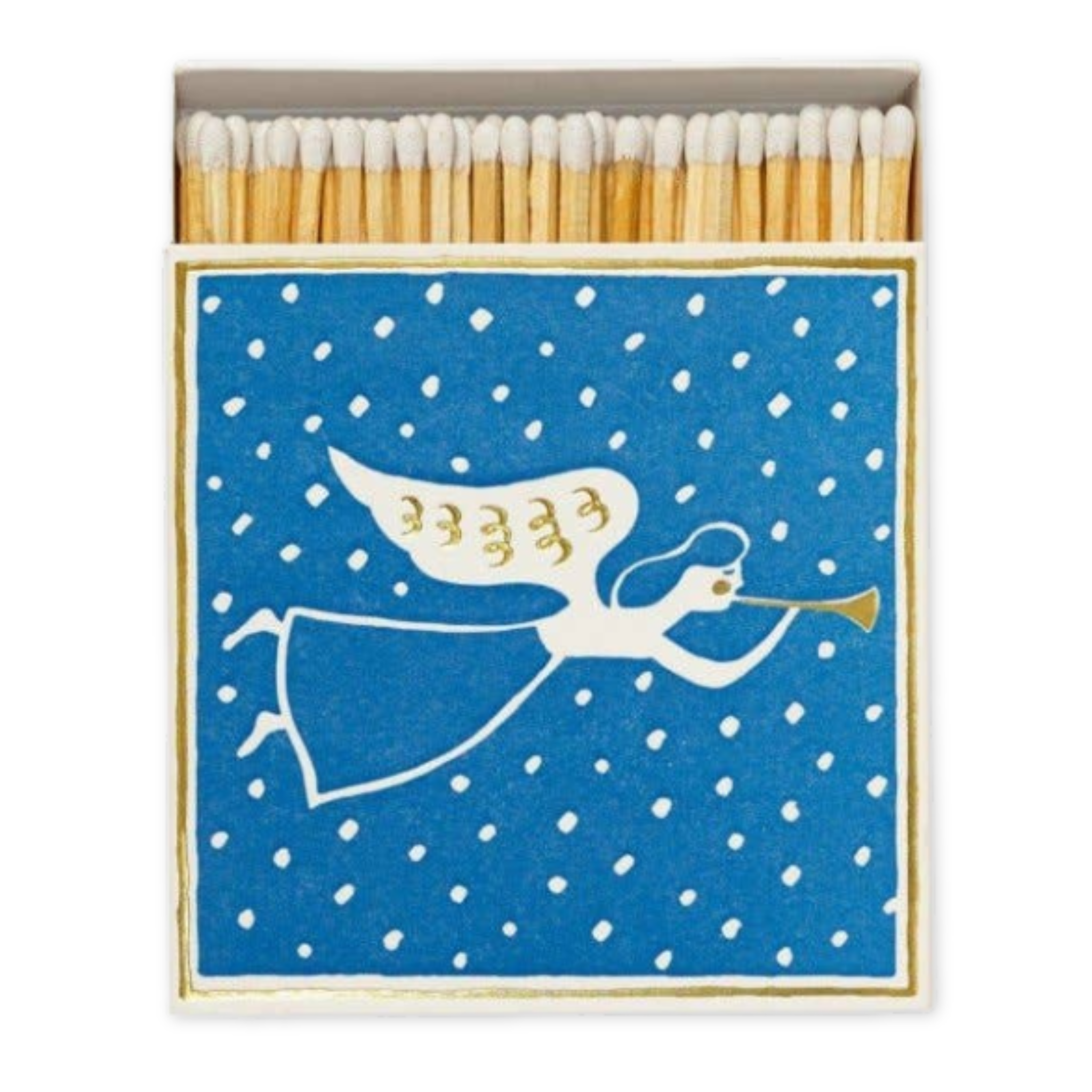 blue matchbox with a white angel outline