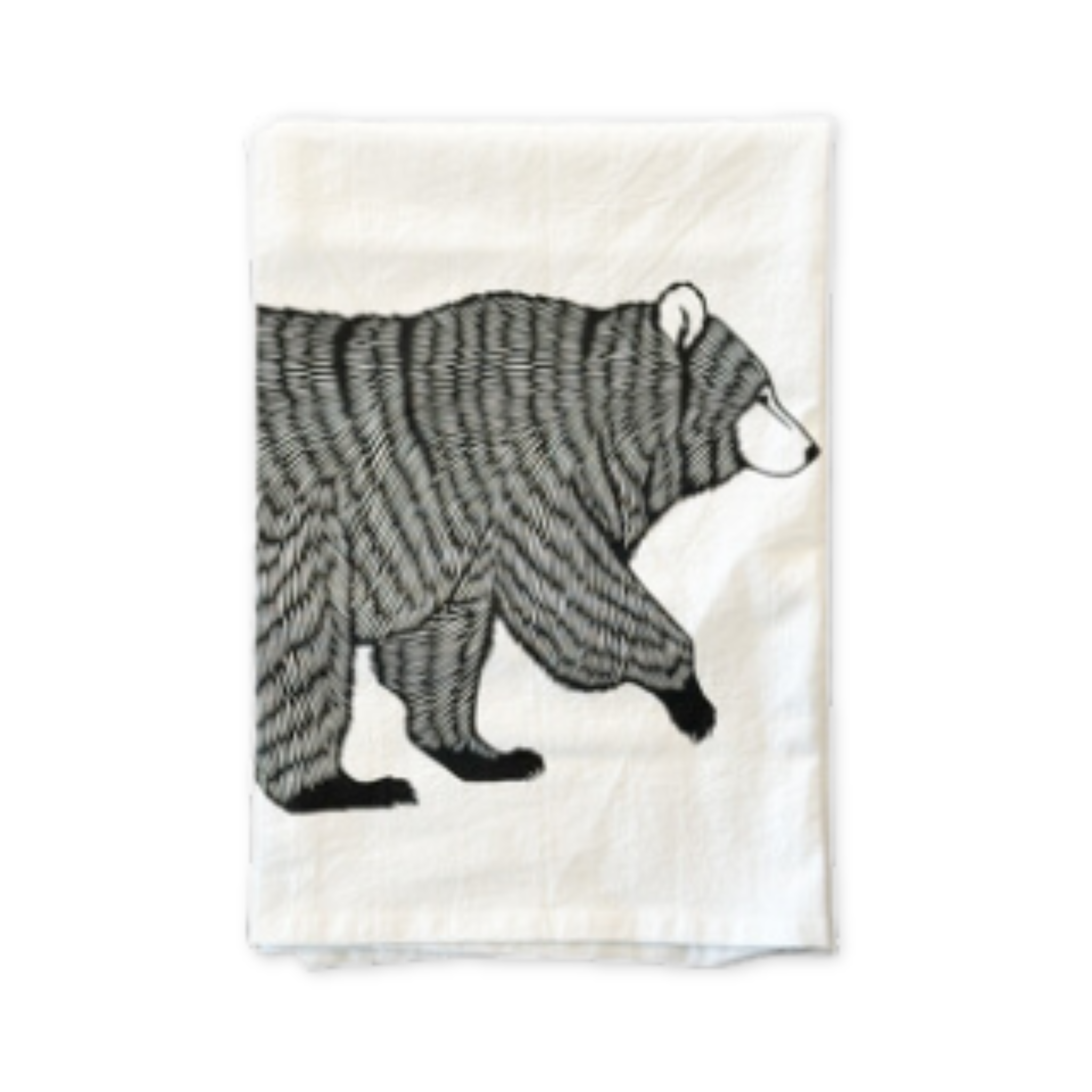 flour sack cotton tea towel featuring a hand printed black bear design