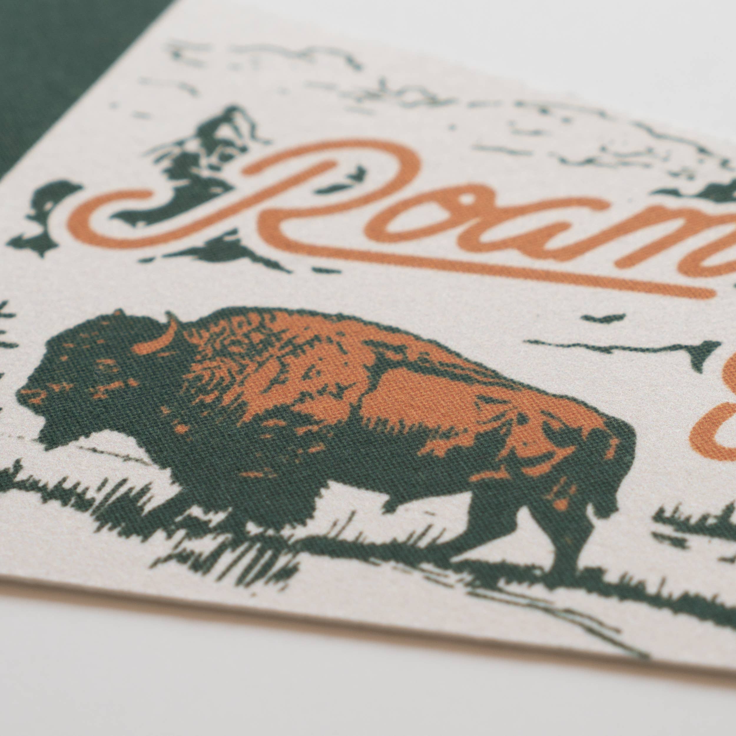 Close-up of a product with a bison illustration and 'Roan' text on a white background